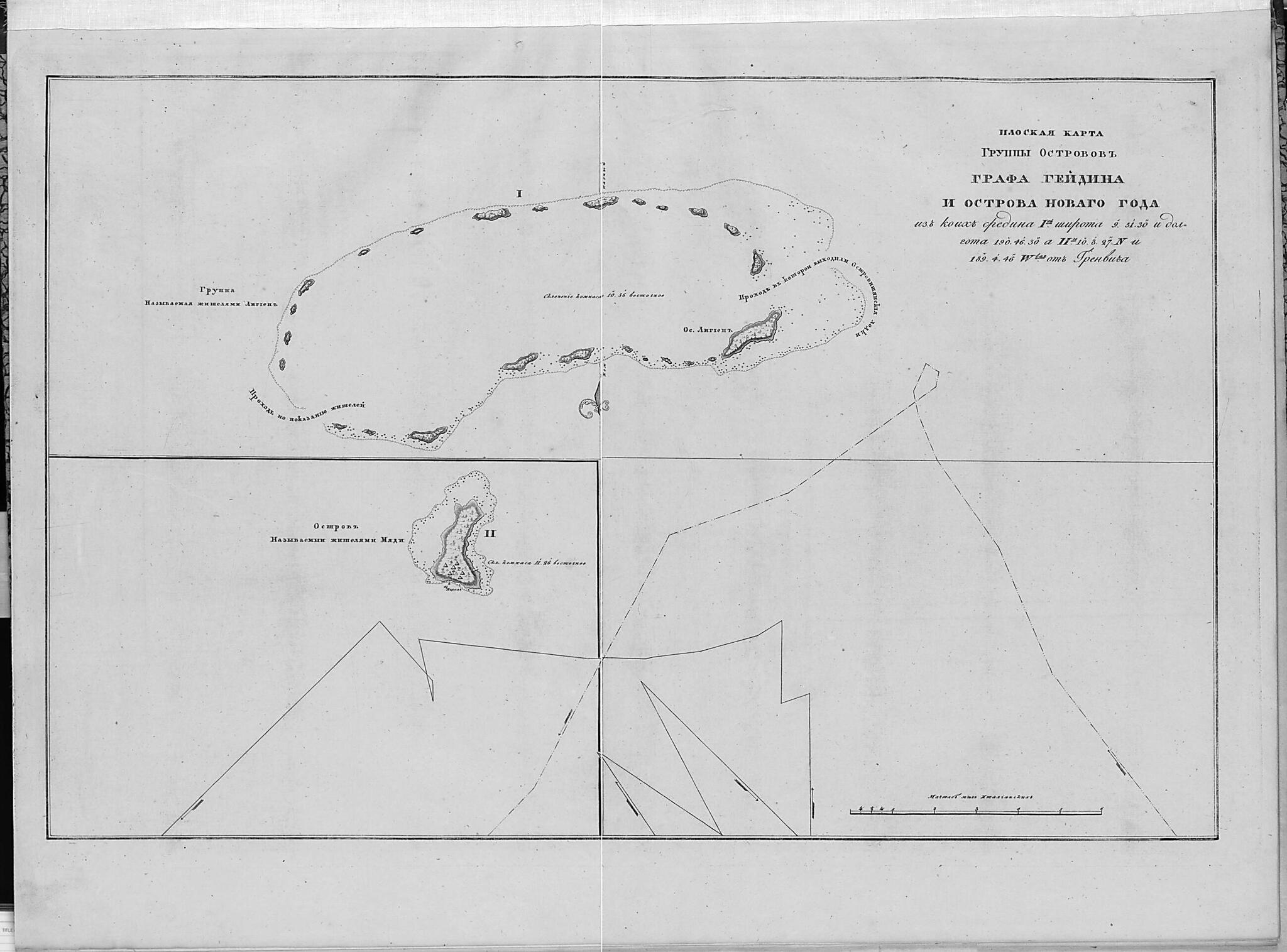 This old map of Ploskai︠a︡ Karta Gruppy Ostrovov Grafa Geĭdina I Ostrova Novogo Goda. (Плоская карта группы островов Графа Гейдина и Острова Нового года.) from 1821 was created by Otto Von Kotz