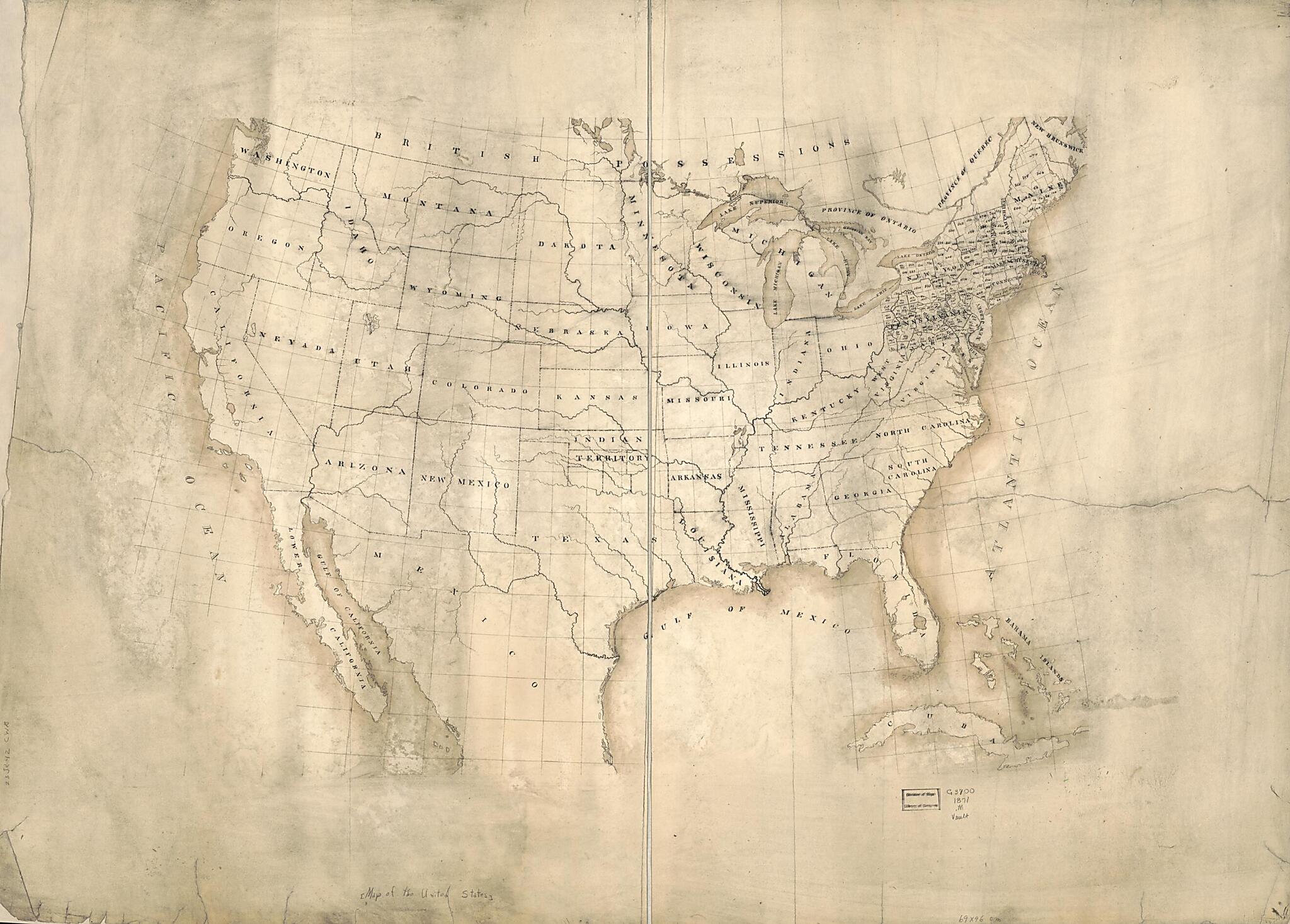 This old map of Manuscript Map of the United States. (Map of the United States) from 1871 was created by in 1871