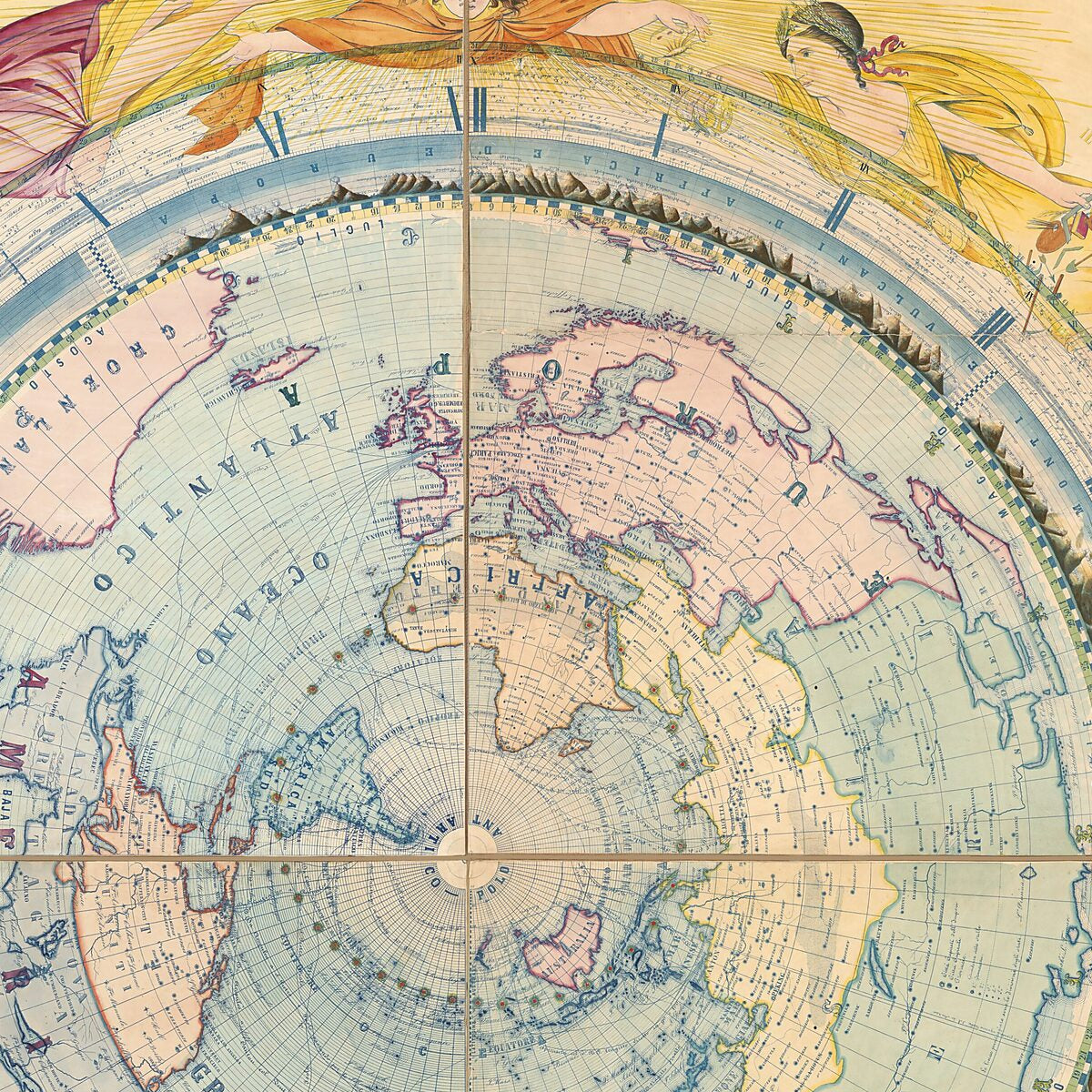 This old map of Nuovo Planisferio Cosmografico Orografico Universale Ed Orologico Mondiale Per Uso Di Generale Istruzione from 1858 was created by Ignazio Villa in 1858