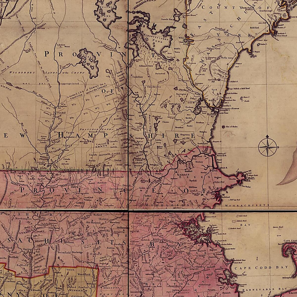 This old map of A Map of the Most Inhabited Part of New England : Containing the Provinces of Massachusets Bay and New Hampshire, With the Colonies of Conecticut and Rhode Island, Divided Into Counties and Townships : the Whole Composed from Actual Surve