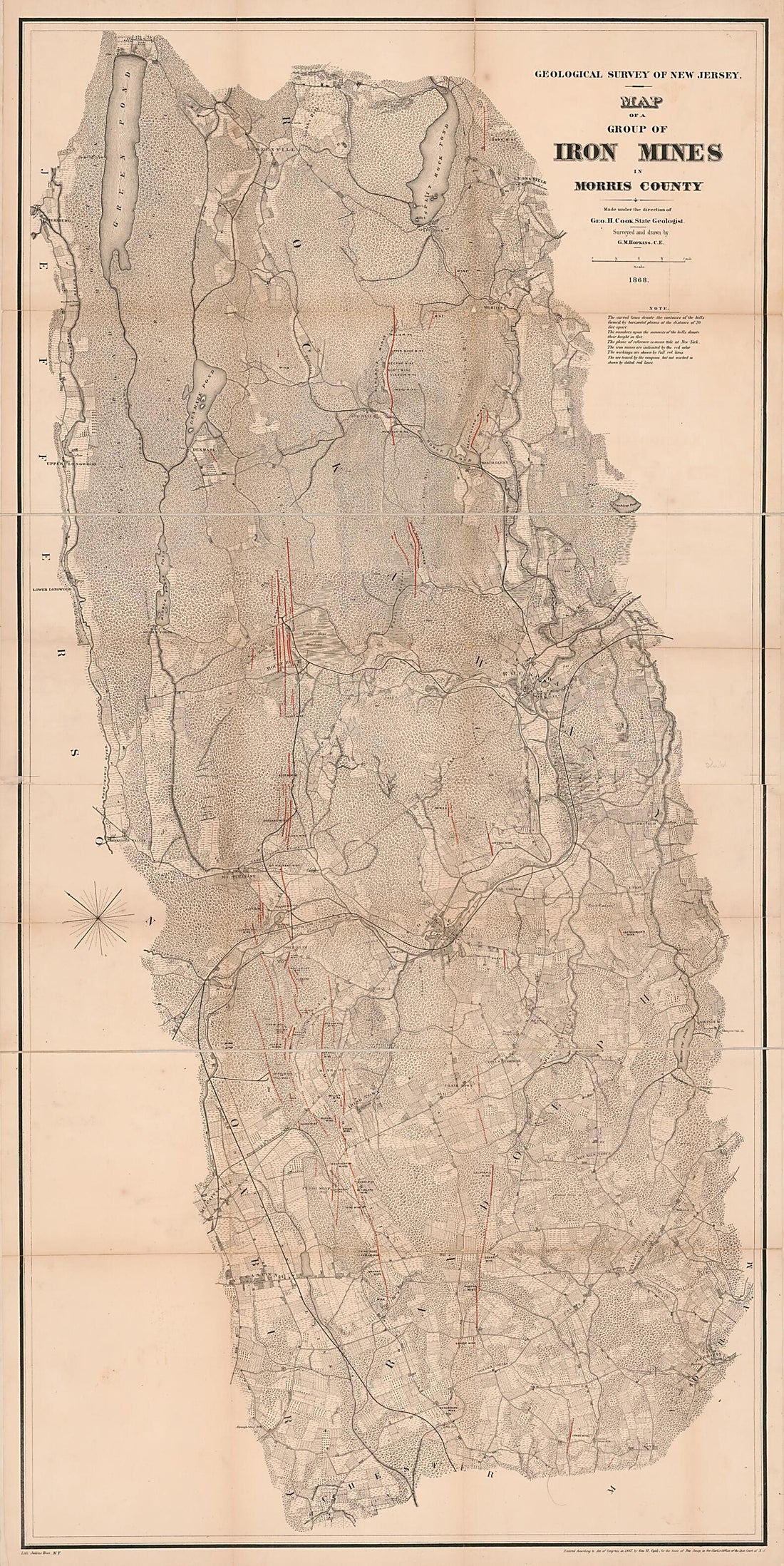This old map of Map of a Group of Iron Mines In Morris County from 1868 was created by George Hammell Cook, Geological Survey of New Jersey, Griffith Morgan Hopkins, New Jersey. State Geologist in 1868
