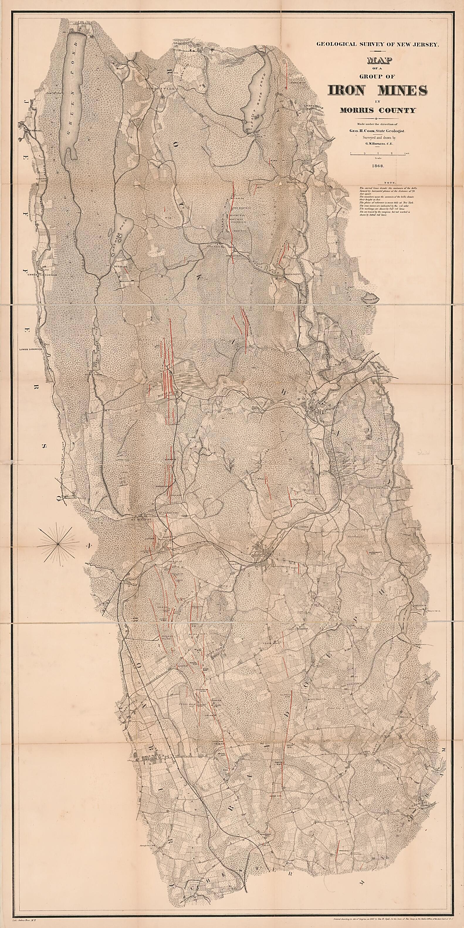 This old map of Map of a Group of Iron Mines In Morris County from 1868 was created by George Hammell Cook, Geological Survey of New Jersey, Griffith Morgan Hopkins, New Jersey. State Geologist in 1868