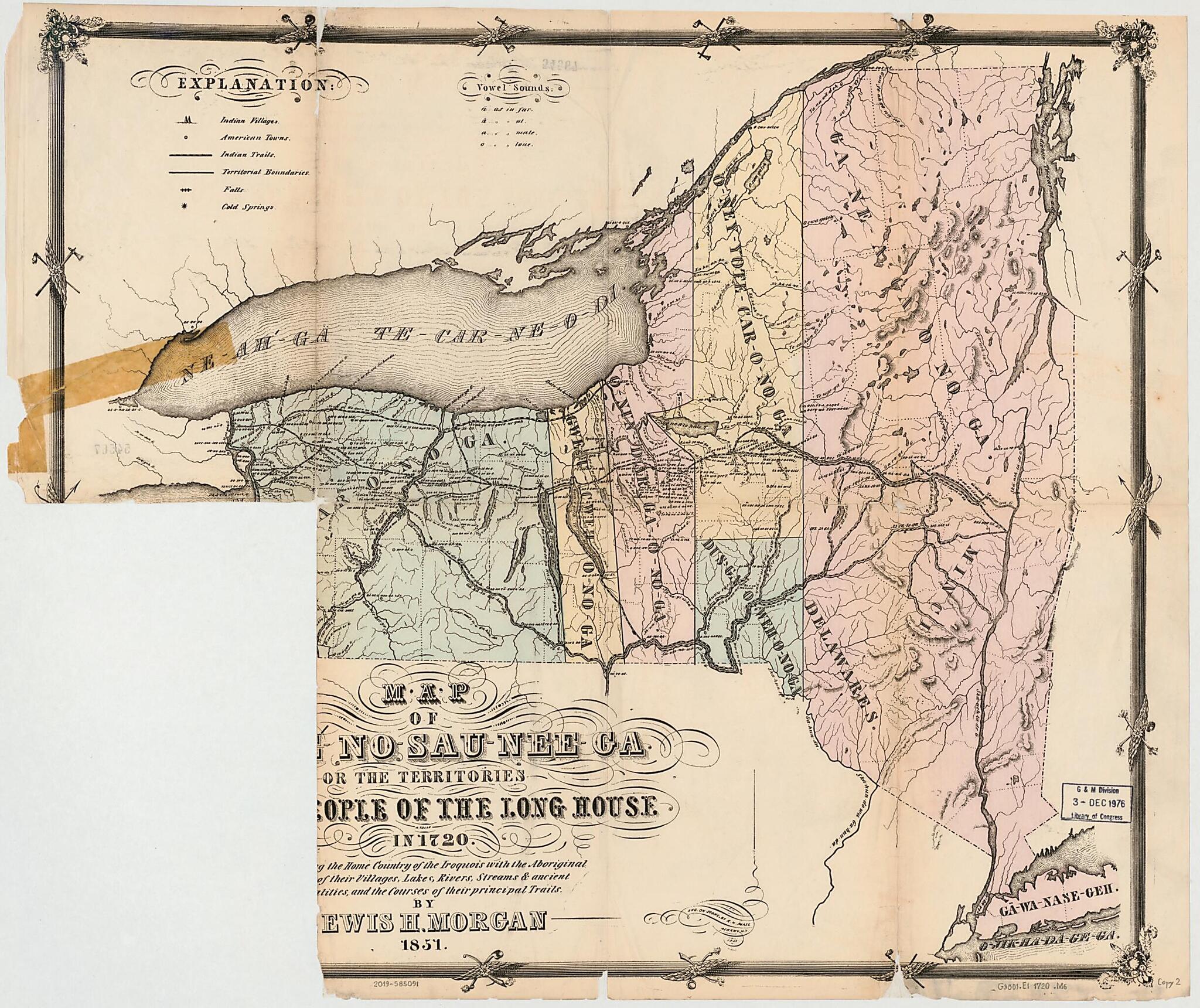 This old map of De-No-Sau-Nee-Ga : Or the Territories of the People of the Long House In from 1720 : Exhibiting the Home Country of the Iroquois With the Aboriginal Names of Their Villages, Lakes, Rivers, Streams & Ancient Localities, and the Courses of