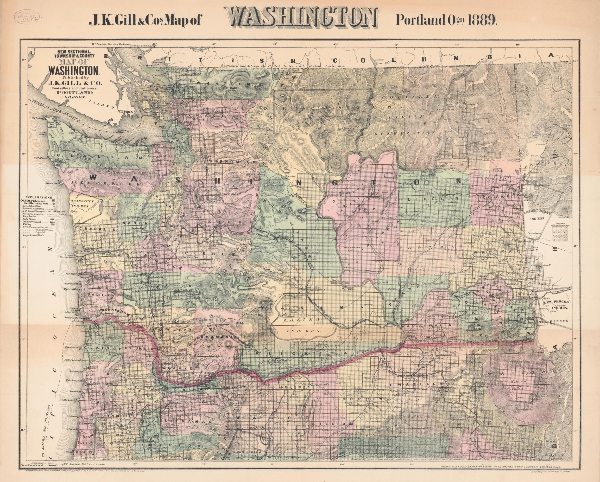 This old map of New Sectional, Township & County Map of Washington (New Sectional, Township and County Map of Washington, J.K. Gill & Cos. Map of Washington) from 1889 was created by W. H. (William Henry) Galvani,  J.K. Gill & Co in 1889