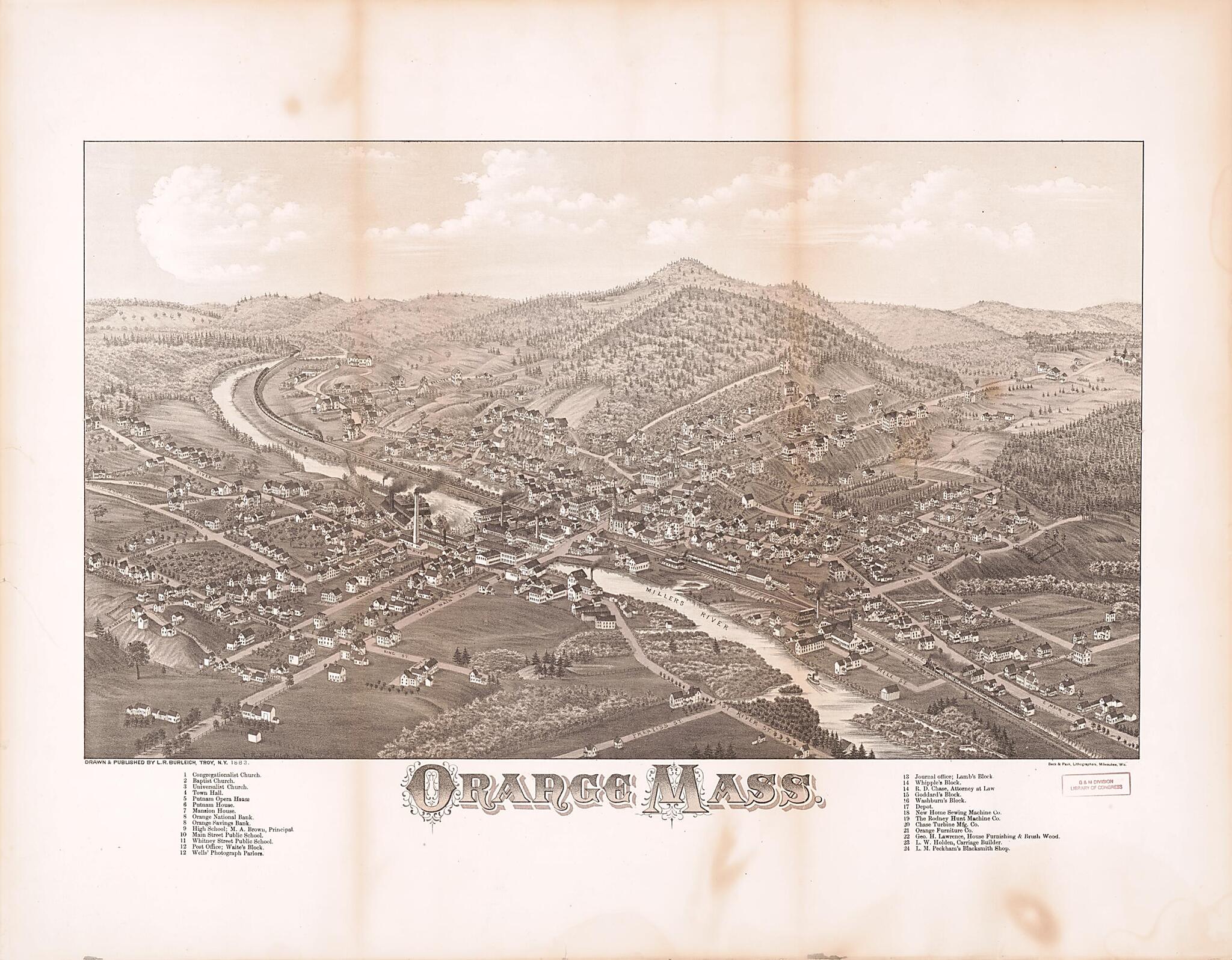 This old map of Orange, Massachusetts from 1883 was created by Beck & Pauli, L. R. Burleigh in 1883