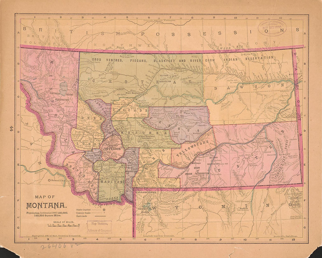 This old map of Map of Montana : Population (estimated from 1890) 130,000. 145,310 Square Miles was created by Ill.) Benedict & Co. (Chicago, Crowell & Kirkpatrick Mast in 1890