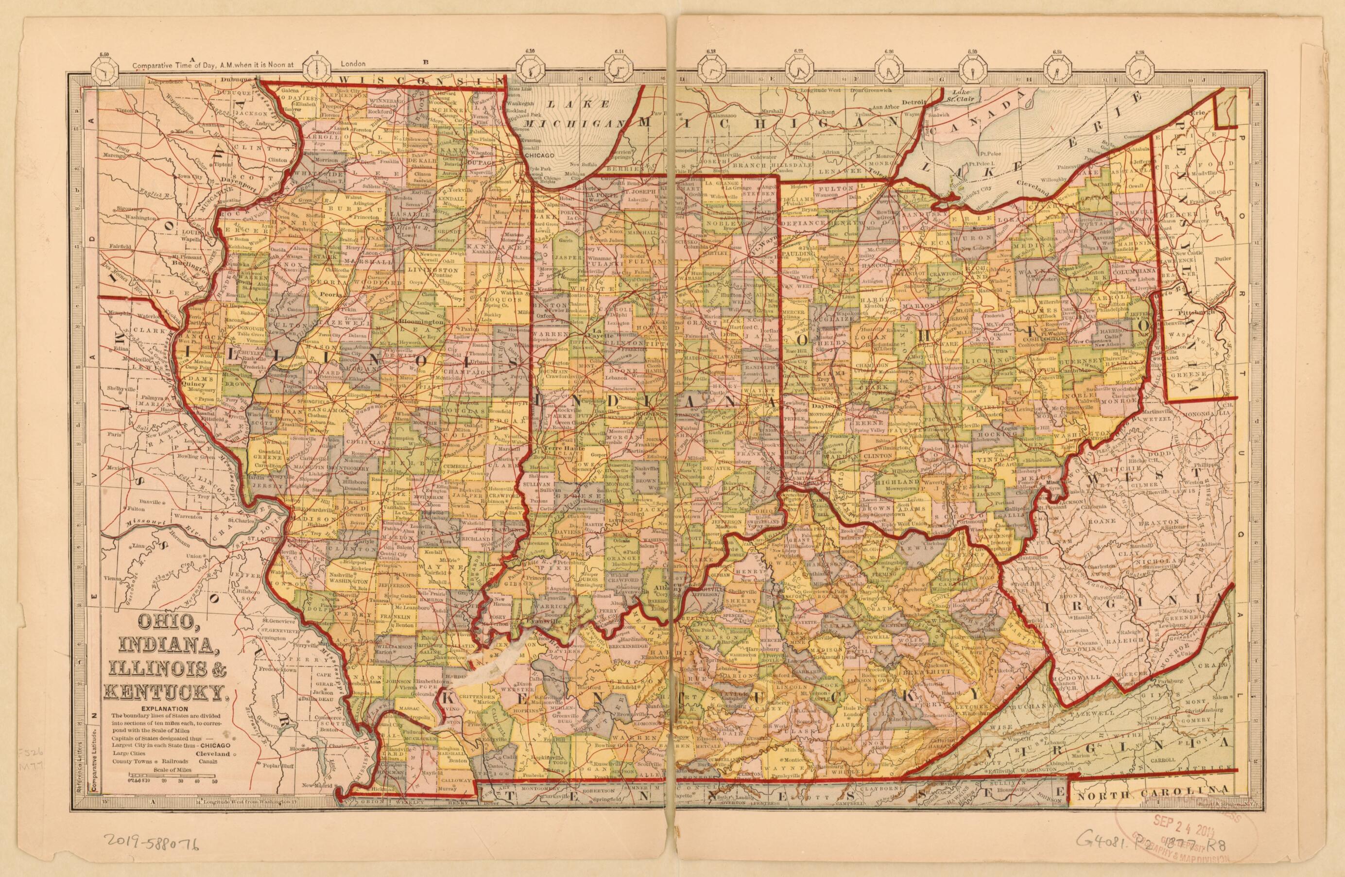 This old map of Ohio, Indiana, Illinois & Kentucky from 1877 was created by Russell & Struthers in 1877