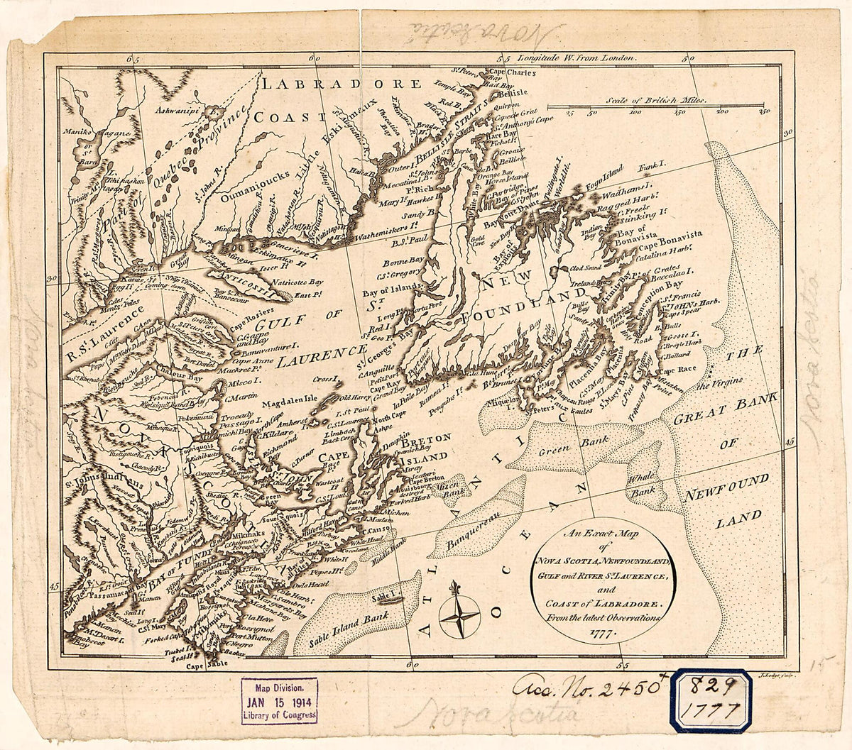 An Exact Map of Nova Scotia, Newfoundland, Gulf and River St. Laurence, and Coast of Labradore : from the Latest Observations 1777 by Relic Map Company