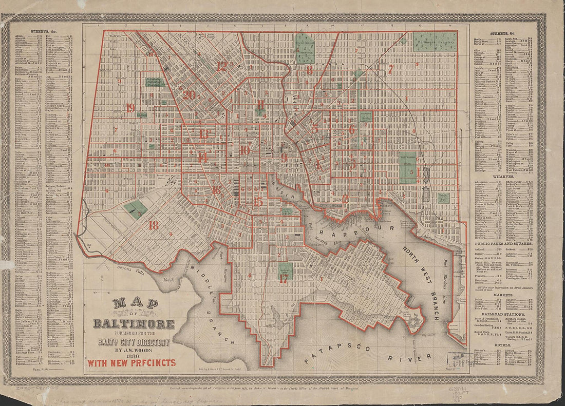This old map of Map of Baltimore : With New Precincts from 1880 was created by A. Hoen & Co, John W. Woods in 1880
