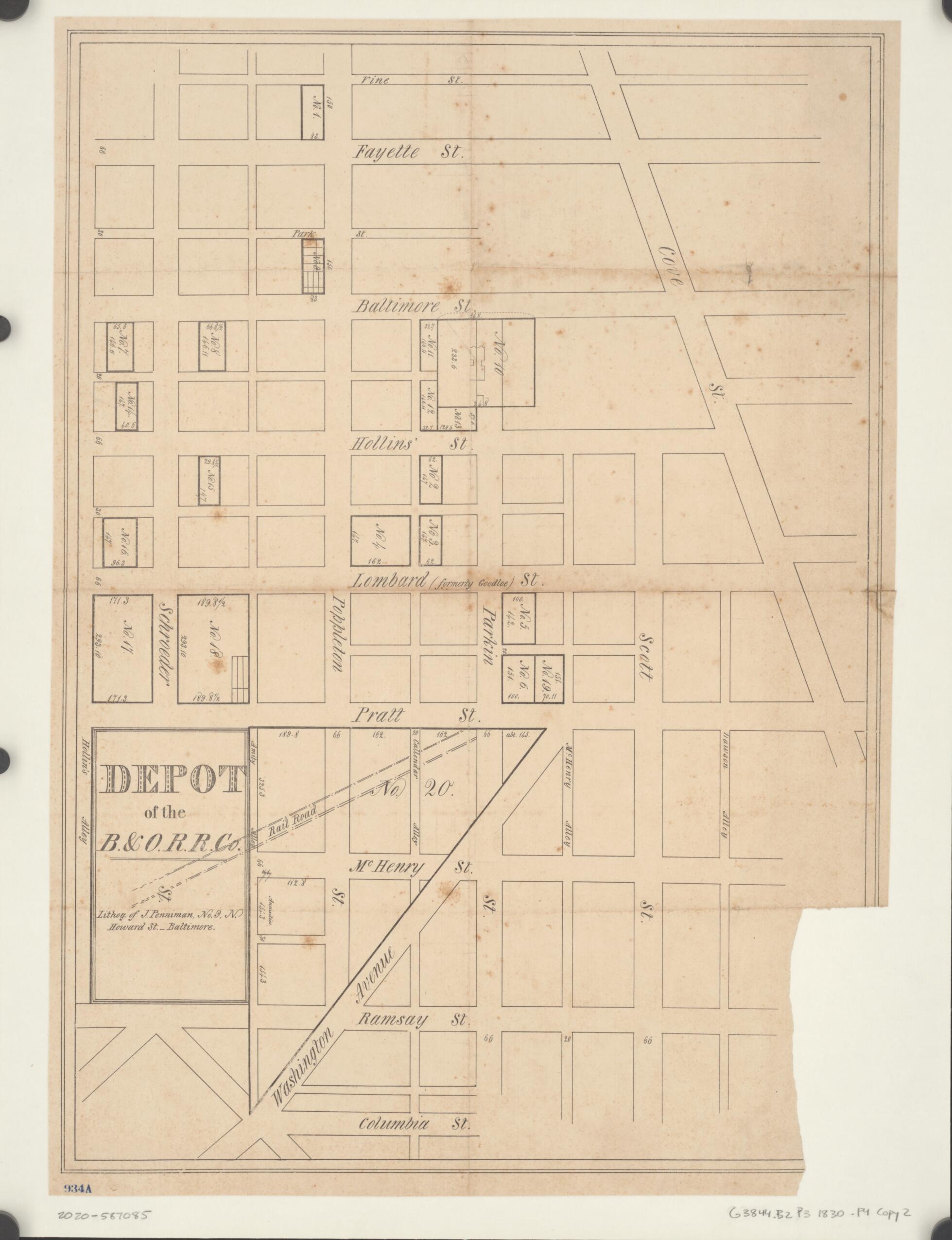 This old map of Depot of the B. & O. R.R. Co from 1830 was created by John Penniman in 1830