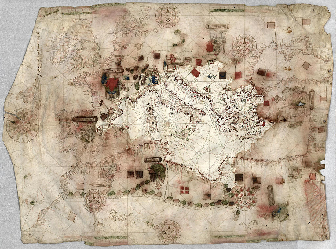 This old map of Portolan Chart of the Mediterranean Sea, the Black Sea, the Coasts of Western Europe and North America, With Madeira and the Canary Islands and Part of the Baltic Sea from 1550 was created by Jaume Olives in 1550