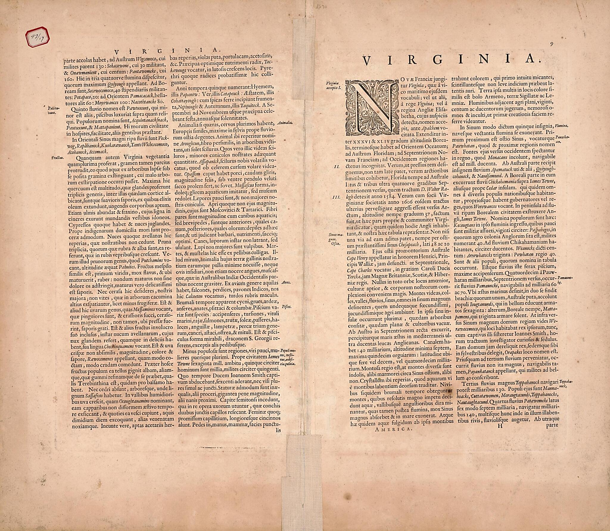 This old map of Nova Virginiae Tabvla (Nova Virginiae Tabula) from 1630 was created by Willem Janszoon Blaeu, Dirck Gryp in 1630
