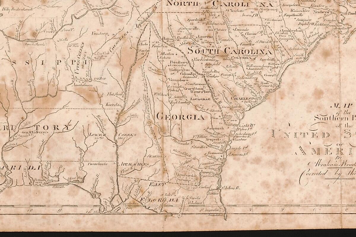 This old map of Map of the Southern Parts of the United States of America (Southern Parts of the United States of America, United States of America) from 1797 was created by Abraham Bradley in 1797