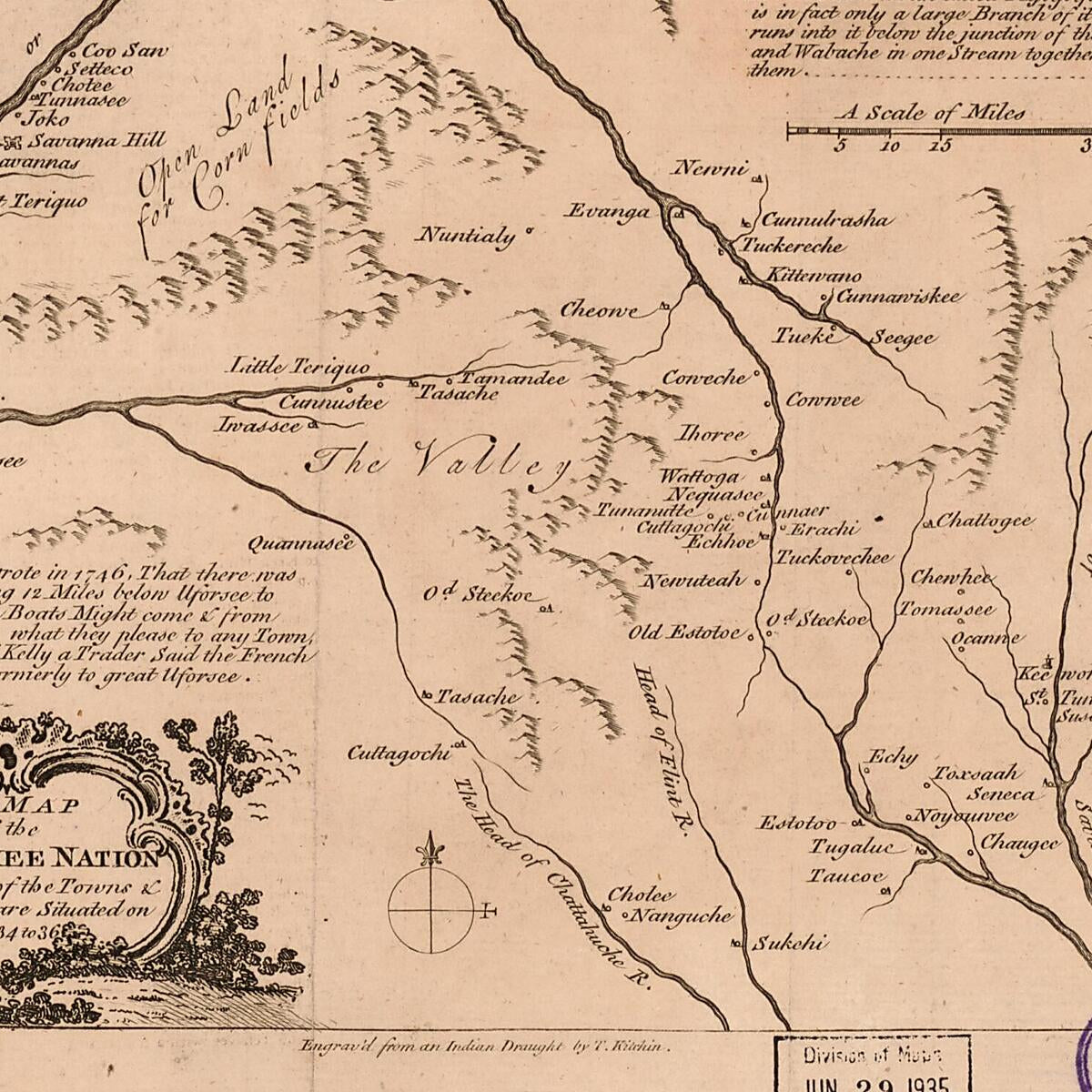 This old map of A New Map of the Cherokee Nation : With the Names of the Towns & Rivers : They Are Situated On No. Lat. from 34 to 36 (Cherokee Nation) from 1760 was created by Thomas Kitchin in 1760