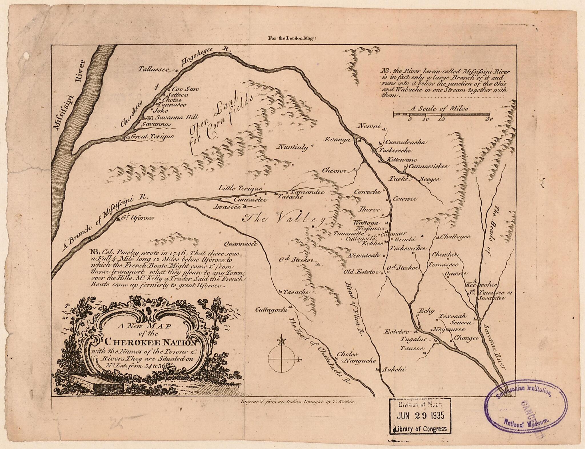 A New Map of the Cherokee Nation : With the Names of the Towns & Rivers : They Are Situated On No. Lat. from 34 to 36 (Cherokee Nation) 1760 by Relic Map Company