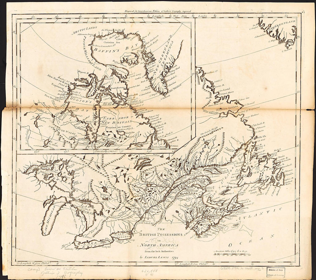 This old map of The British Possessions In North America : from the Best Authorities from 1794 was created by Mathew Carey, William Guthrie, Samuel Lewis in 1794