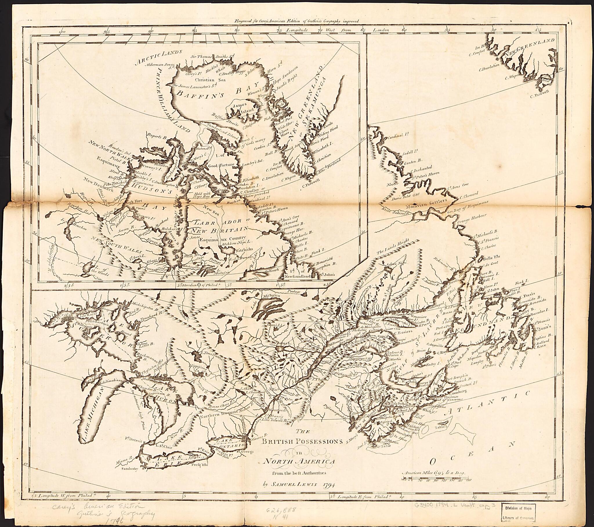 This old map of The British Possessions In North America : from the Best Authorities from 1794 was created by Mathew Carey, William Guthrie, Samuel Lewis in 1794