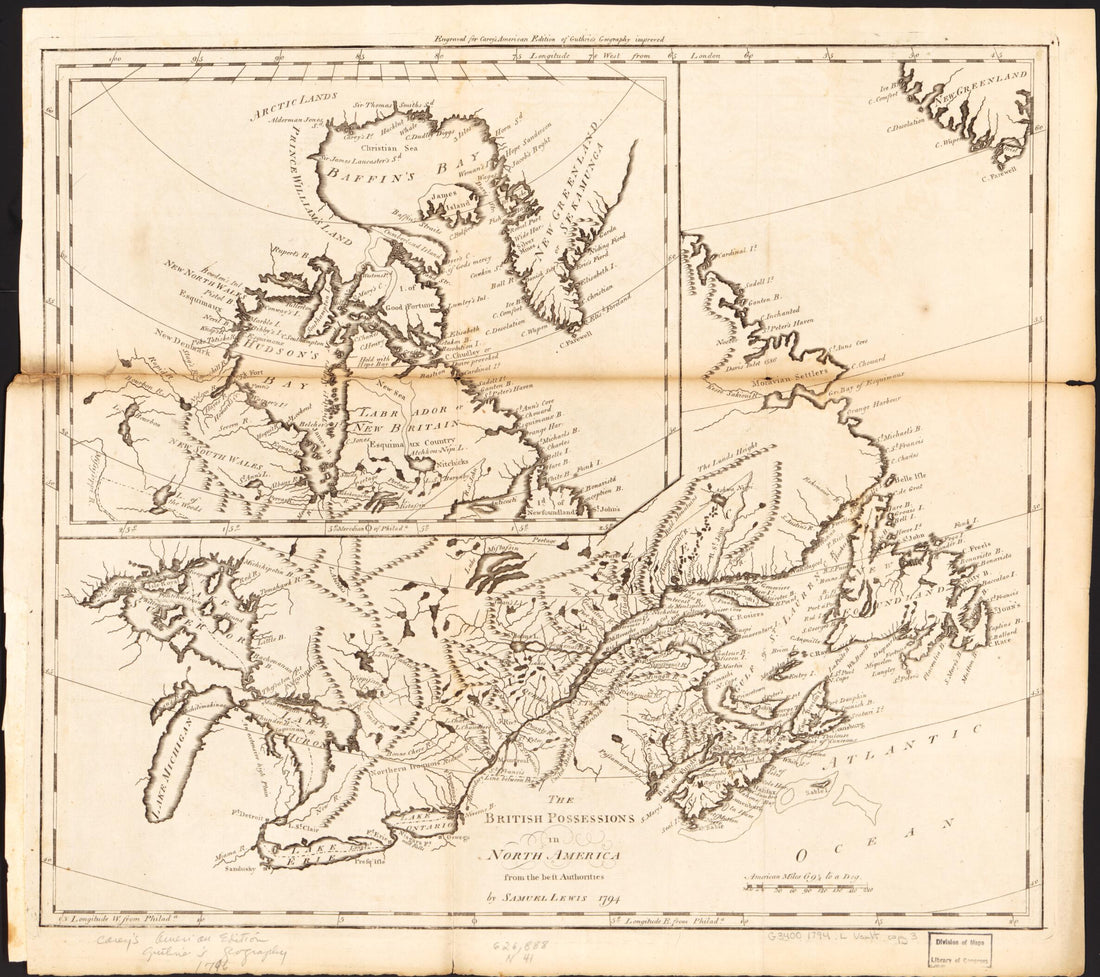 This old map of The British Possessions In North America : from the Best Authorities from 1794 was created by Mathew Carey, William Guthrie, Samuel Lewis in 1794