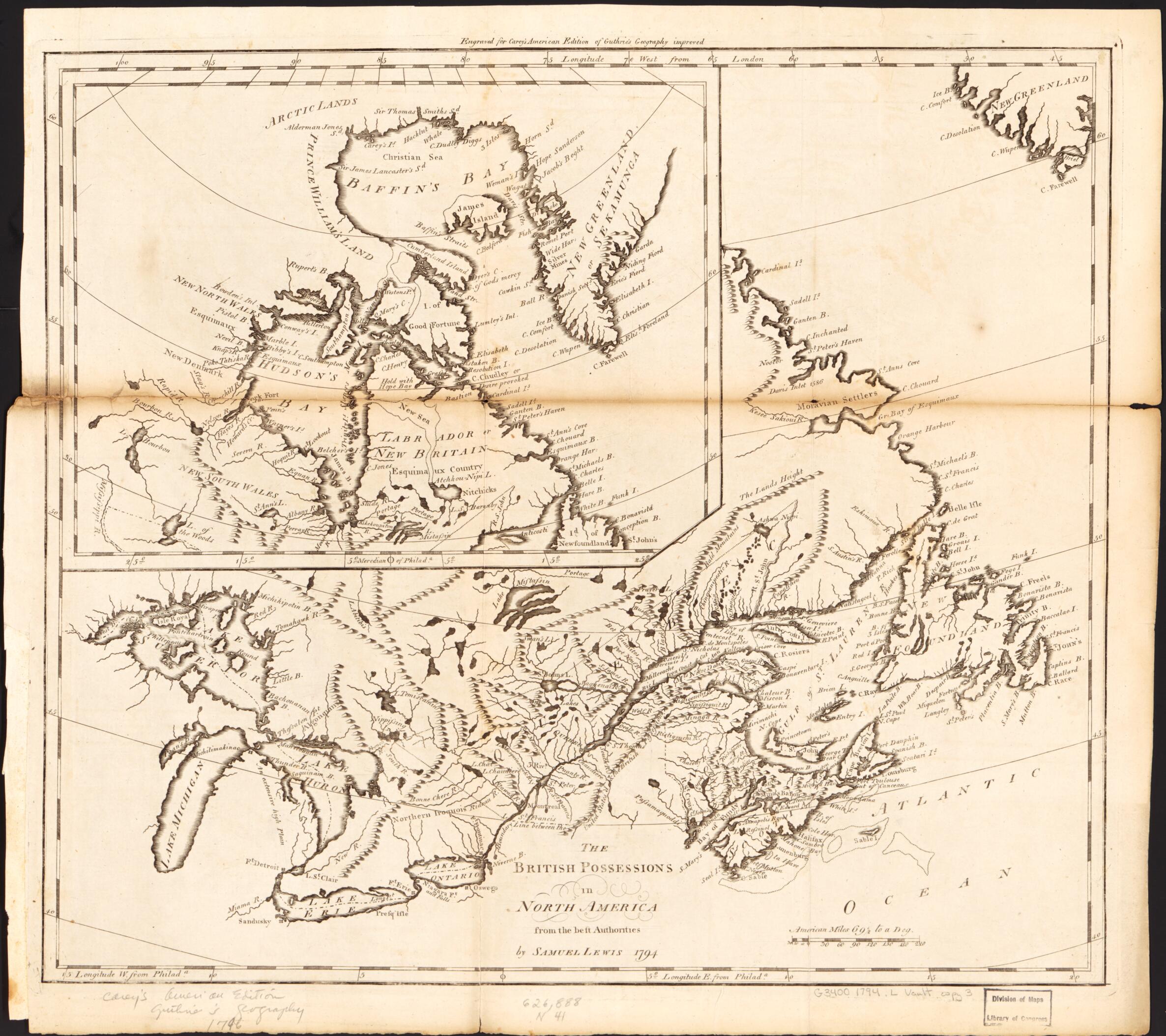 This old map of The British Possessions In North America : from the Best Authorities from 1794 was created by Mathew Carey, William Guthrie, Samuel Lewis in 1794