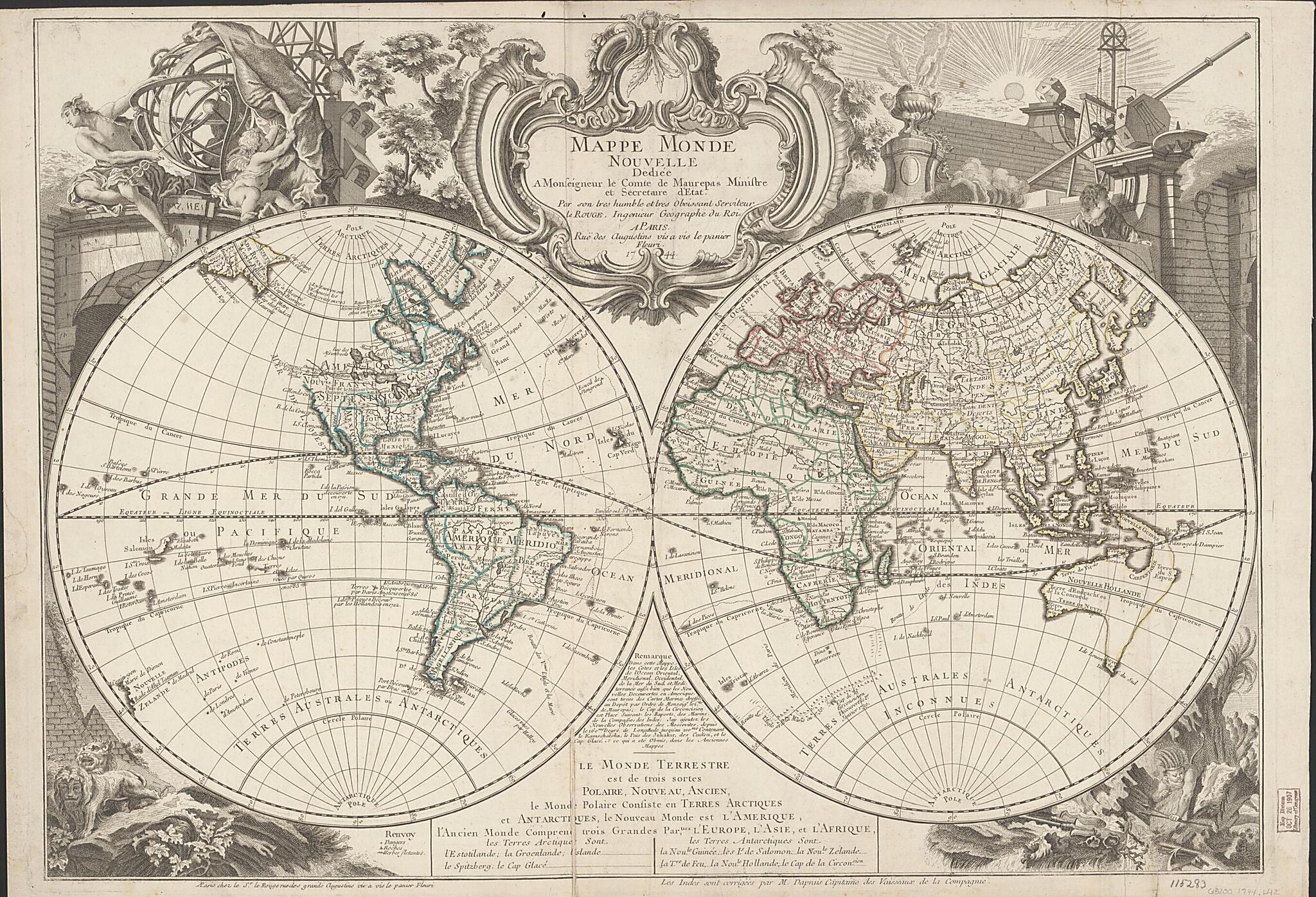 This old map of Mappe Monde Nouvelle from 1744 was created by Louis in 1744