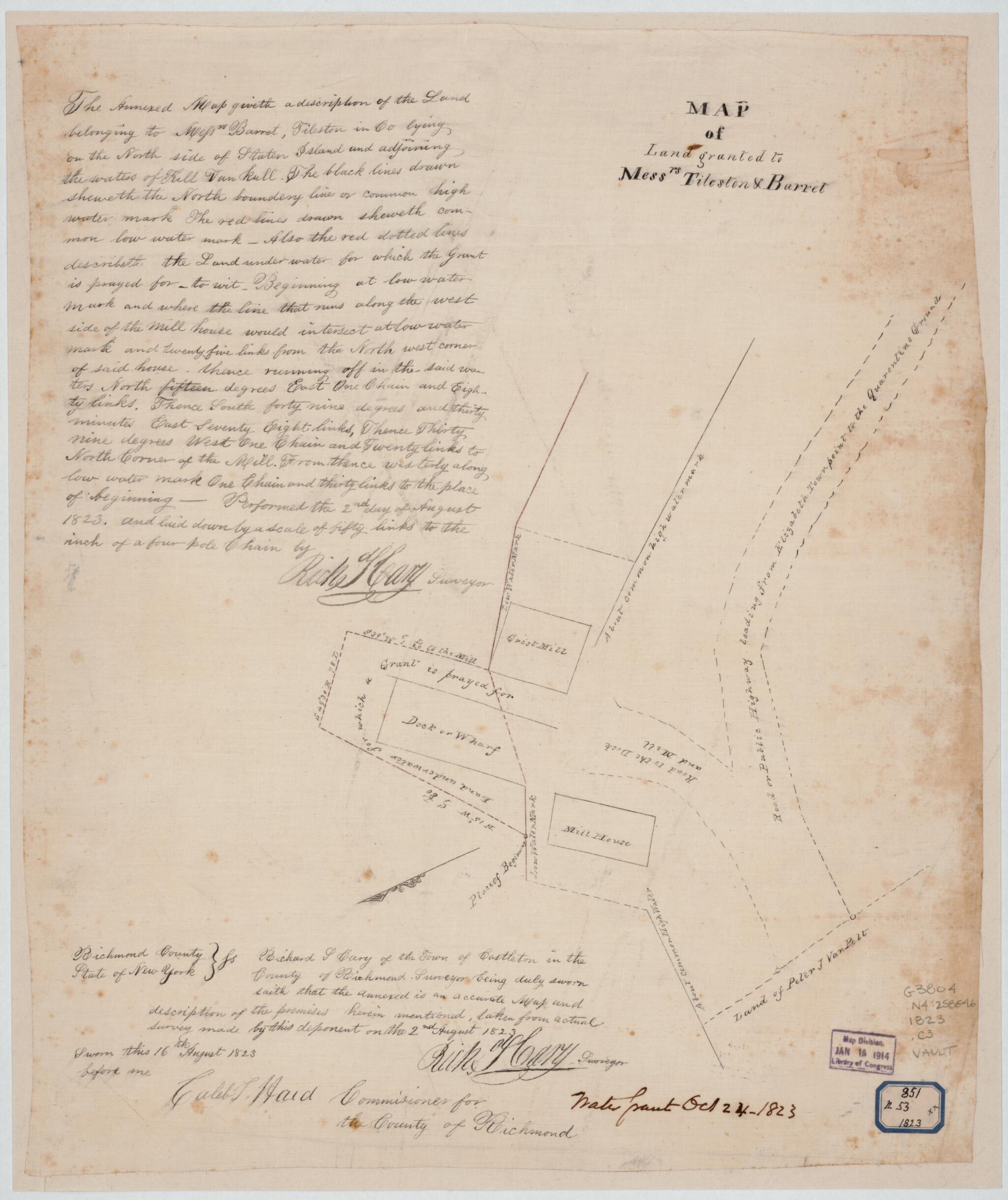 This old map of Map of Land Granted to Messrs Tileston & Barrel : Staten Island, New York from 1823 was created by Richard S. Cary, U.S. Coast and Geodetic Survey in 1823
