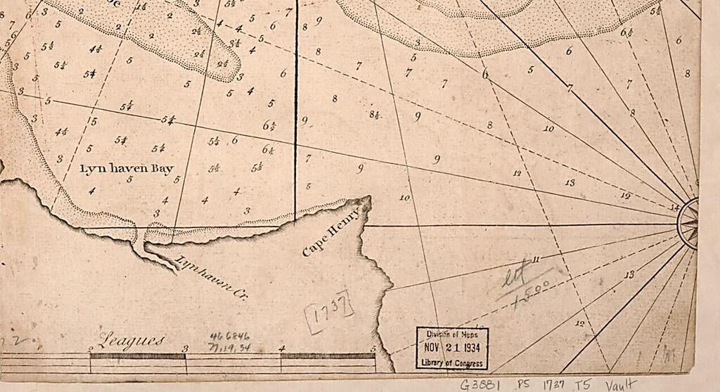 This old map of A Draught of Virginia from the Capes to York In York River and to Kuiquotan Or Hamton In James River from 1737 was created by Mark Tiddeman,  W. Mount and T. Page in 1737