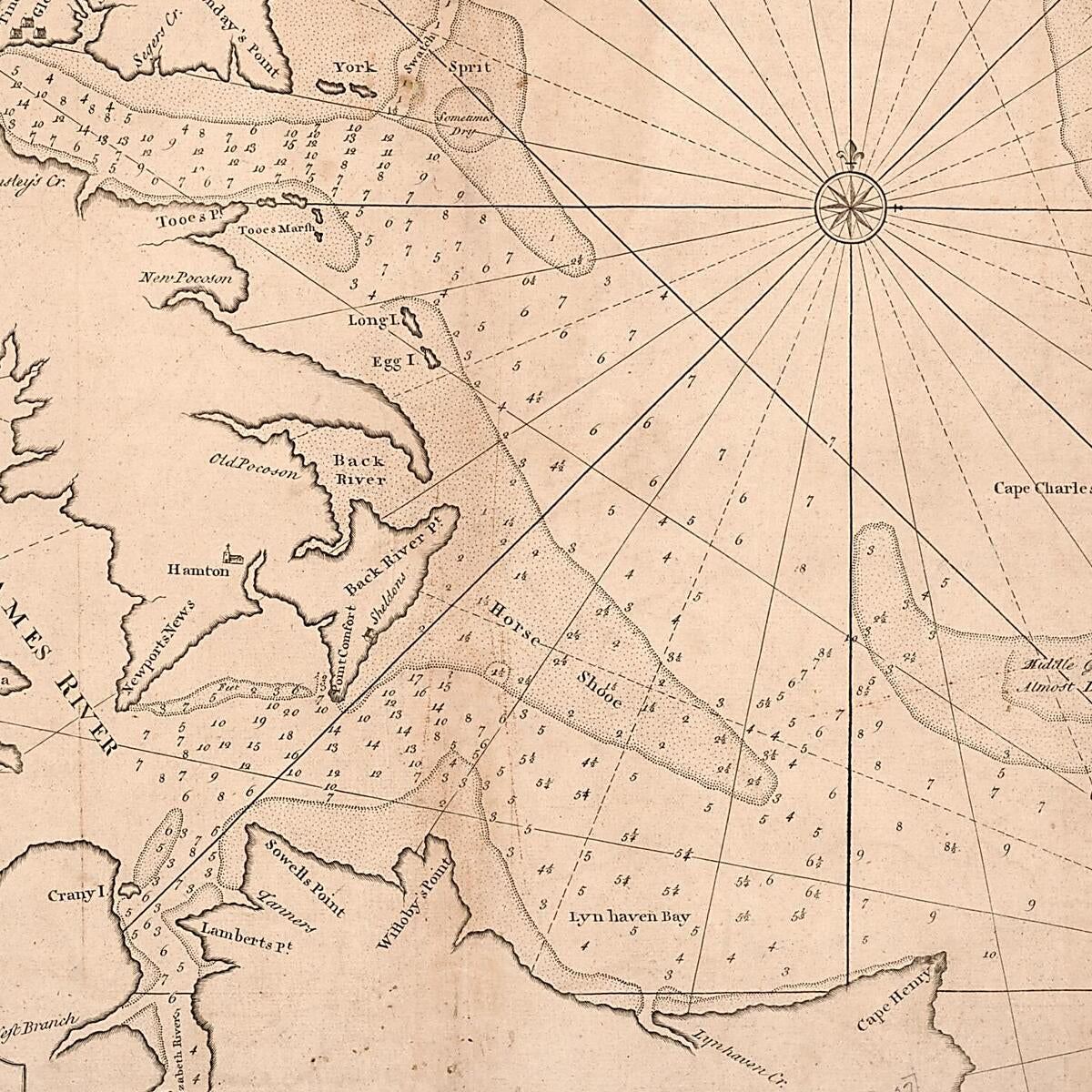 This old map of A Draught of Virginia from the Capes to York In York River and to Kuiquotan Or Hamton In James River from 1737 was created by Mark Tiddeman,  W. Mount and T. Page in 1737