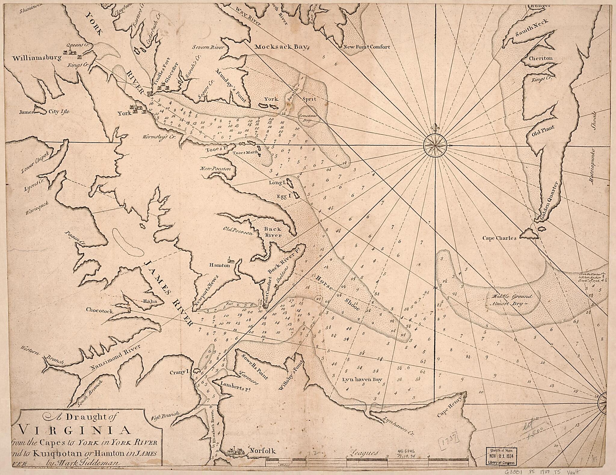This old map of A Draught of Virginia from the Capes to York In York River and to Kuiquotan Or Hamton In James River from 1737 was created by Mark Tiddeman,  W. Mount and T. Page in 1737
