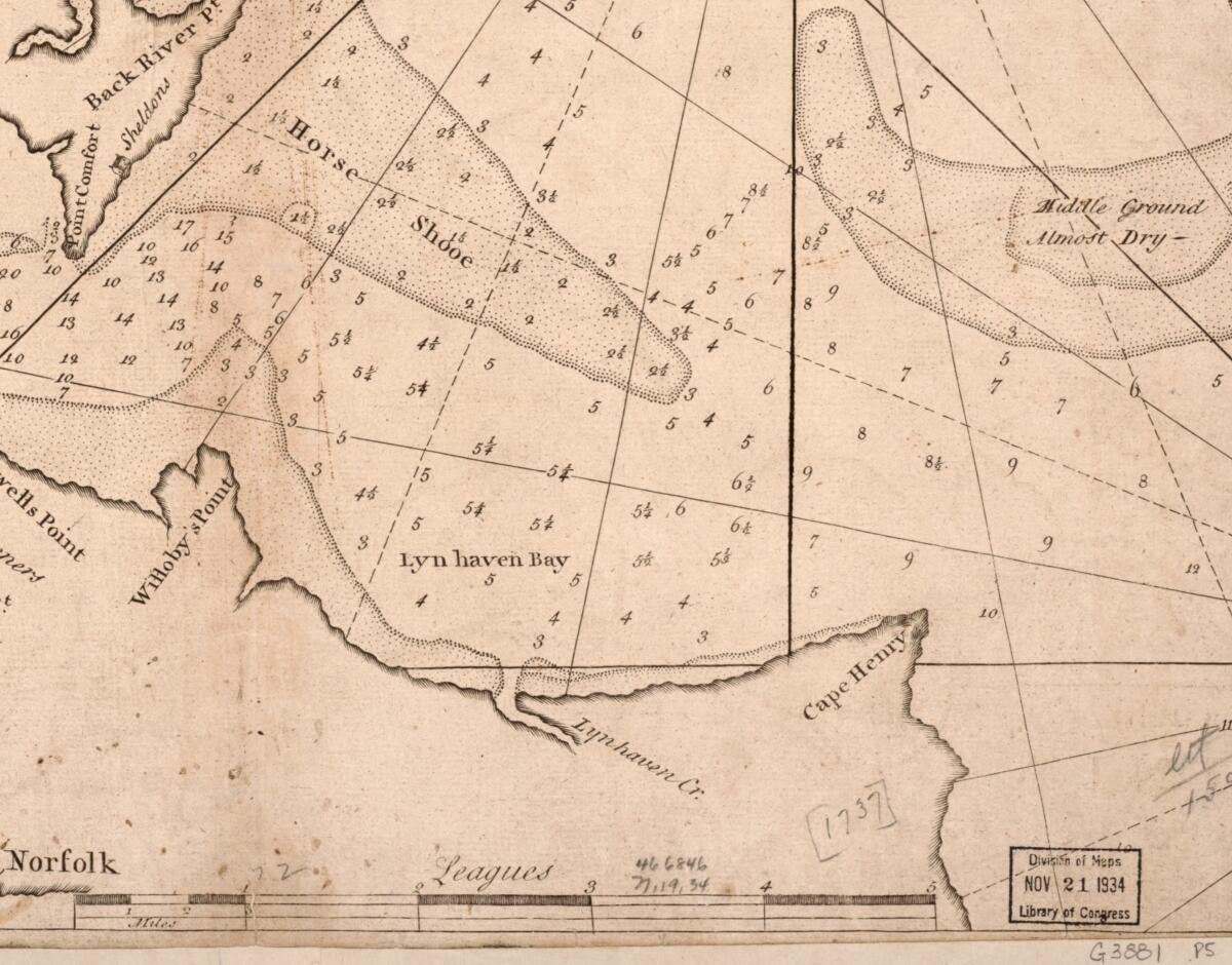 This old map of A Draught of Virginia from the Capes to York In York River and to Kuiquotan Or Hamton In James River from 1737 was created by Mark Tiddeman,  W. Mount and T. Page in 1737