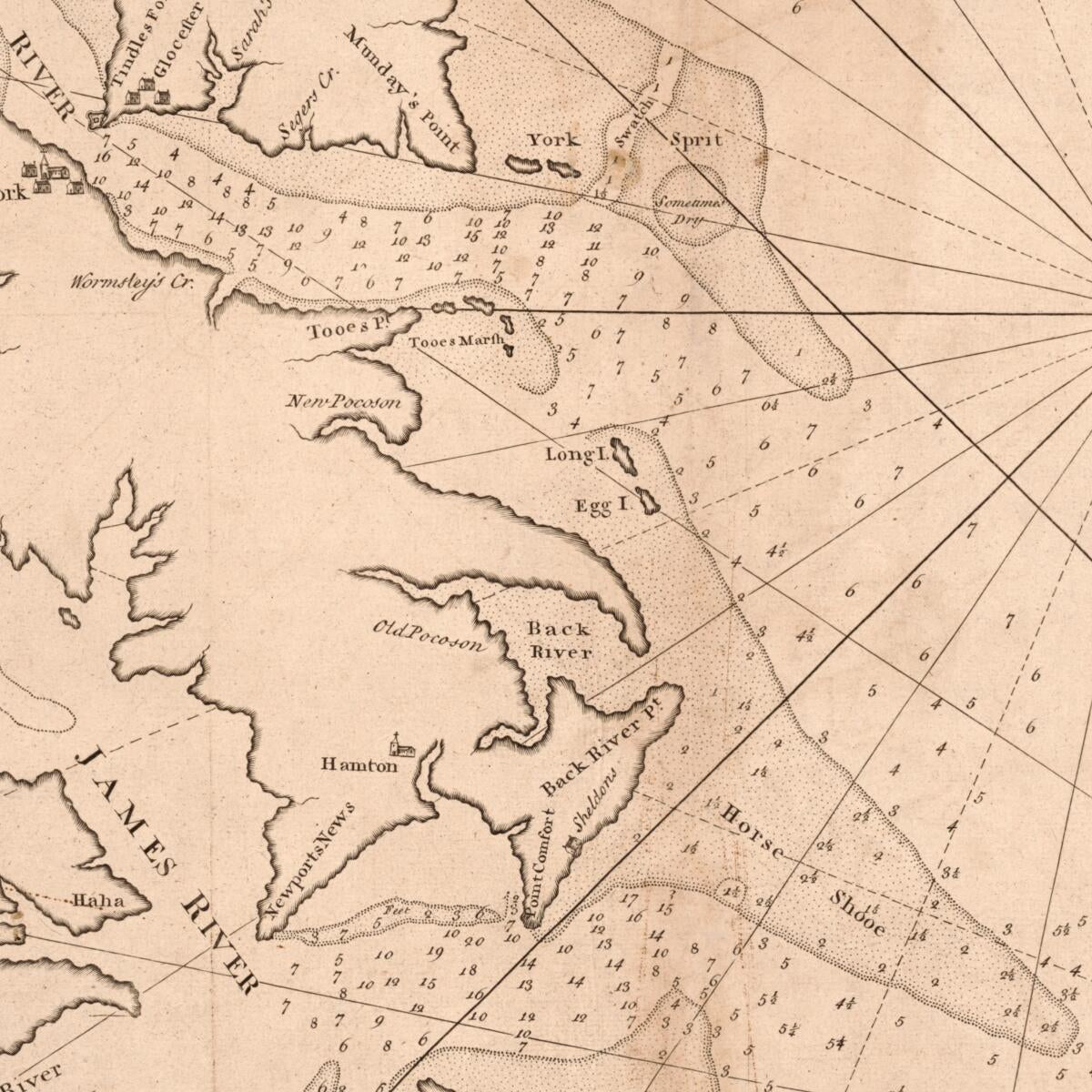 This old map of A Draught of Virginia from the Capes to York In York River and to Kuiquotan Or Hamton In James River from 1737 was created by Mark Tiddeman,  W. Mount and T. Page in 1737