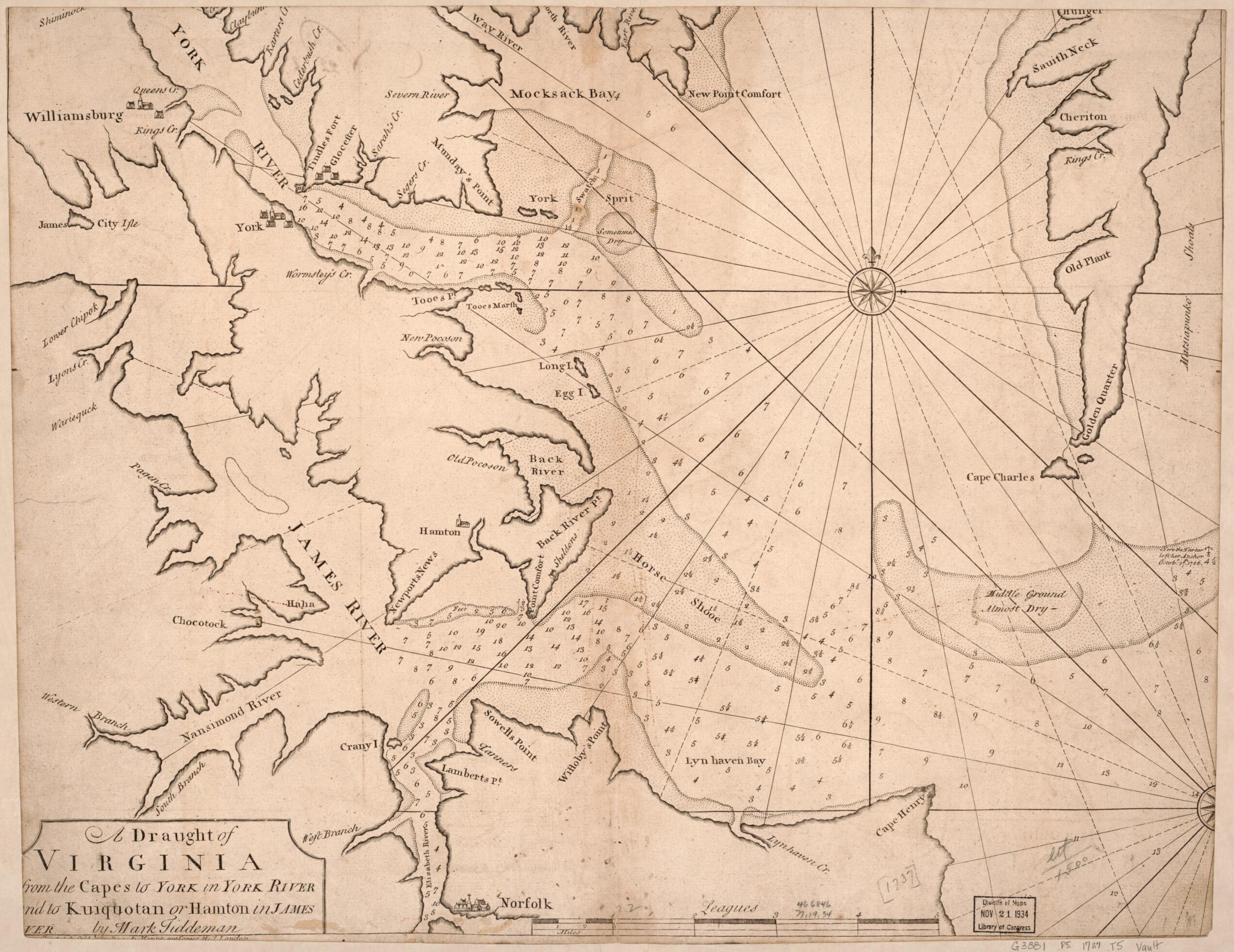 This old map of A Draught of Virginia from the Capes to York In York River and to Kuiquotan Or Hamton In James River from 1737 was created by Mark Tiddeman, W. Mount and T. Page in 1737
