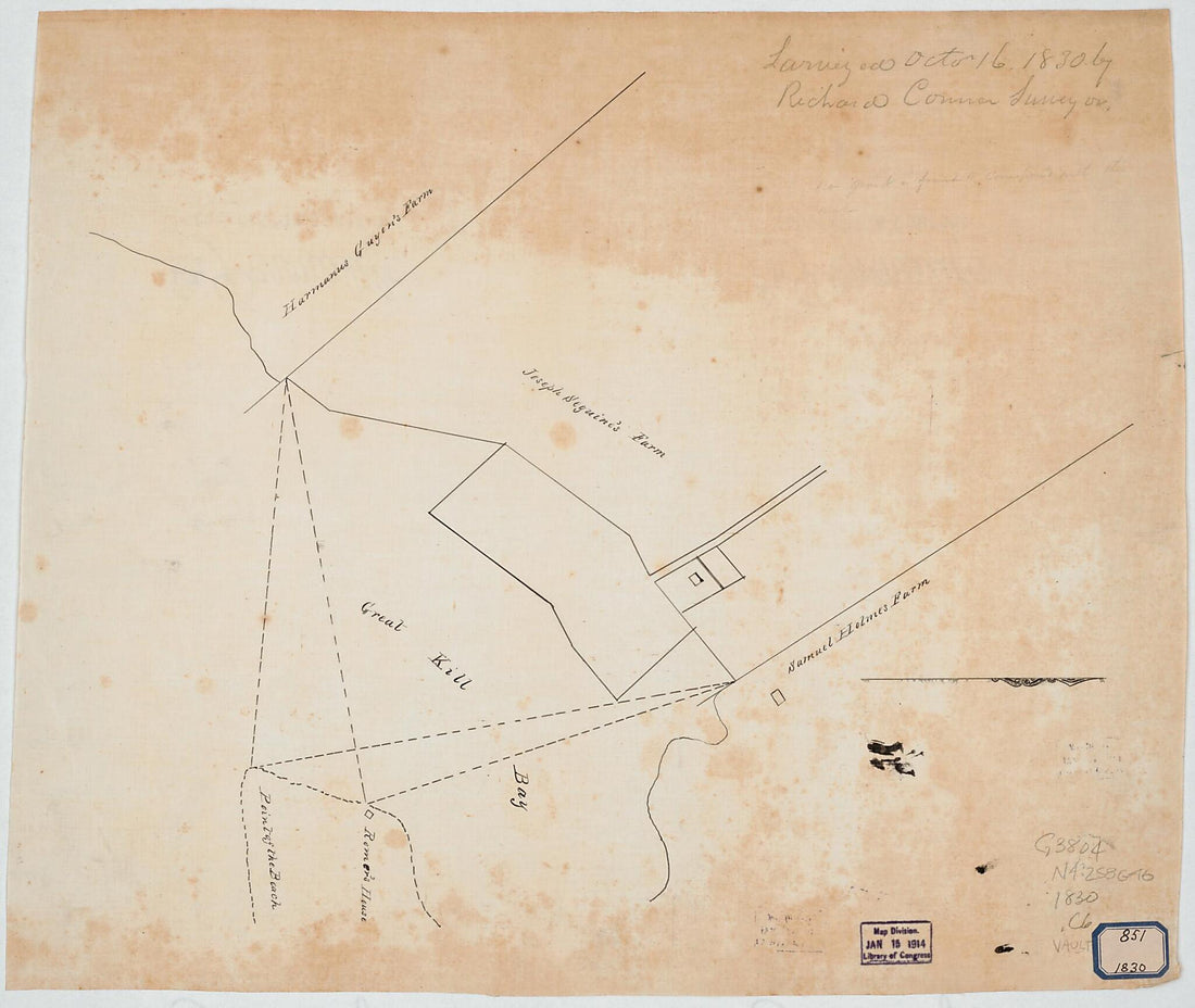 This old map of Survey of Great Kill Bay, Staten Island, New York from 1830 was created by Richard Conner, U.S. Coast and Geodetic Survey in 1830