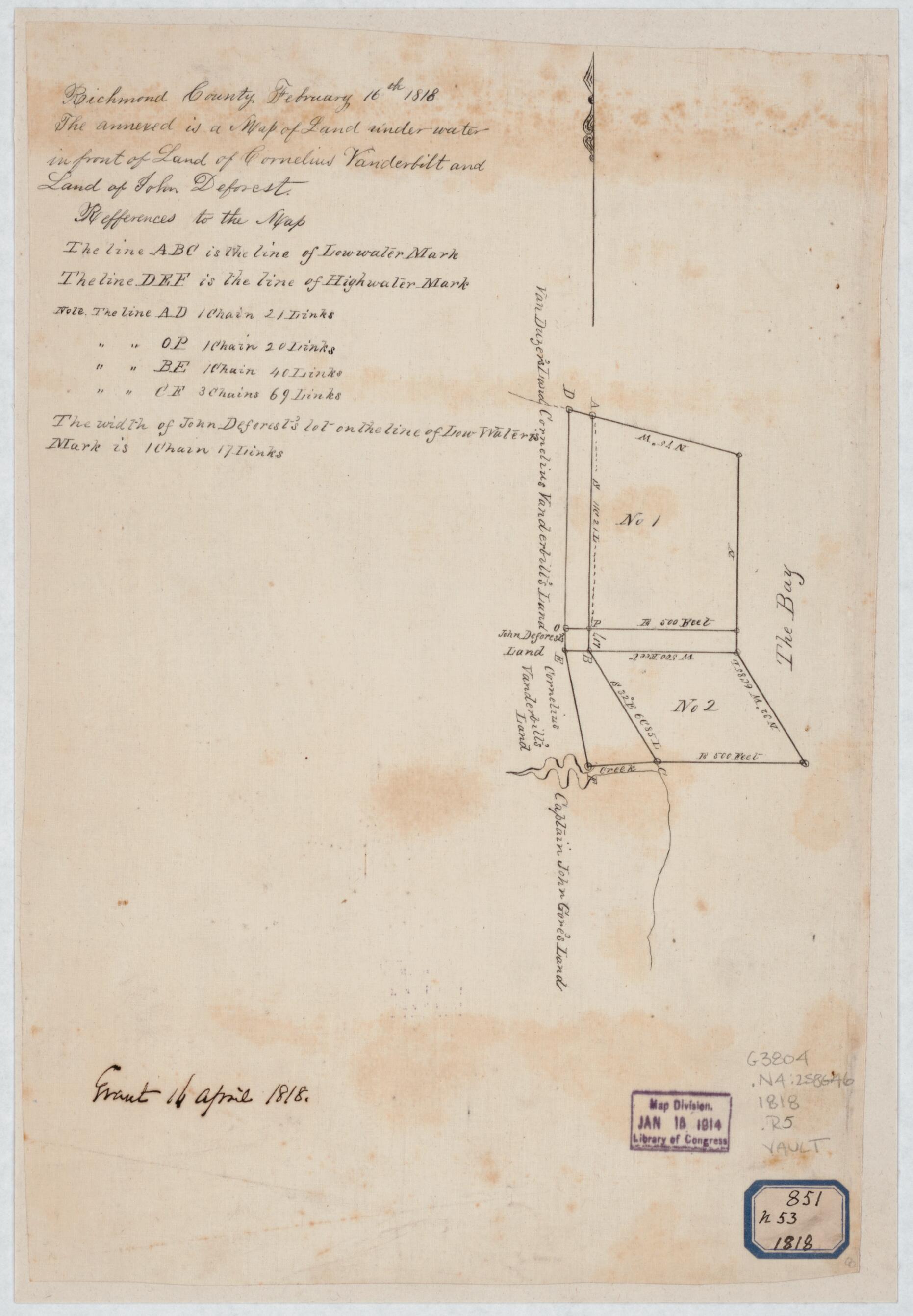 This old map of Richmond County, February 16th from 1818 : the Annexed Is a Map of Land Under Water In Front of Land of Cornelius Vanderbilt and Land of John Deforest was created by U.S. Coast and Geodetic Survey, Cornelius Vanderbilt in 1818