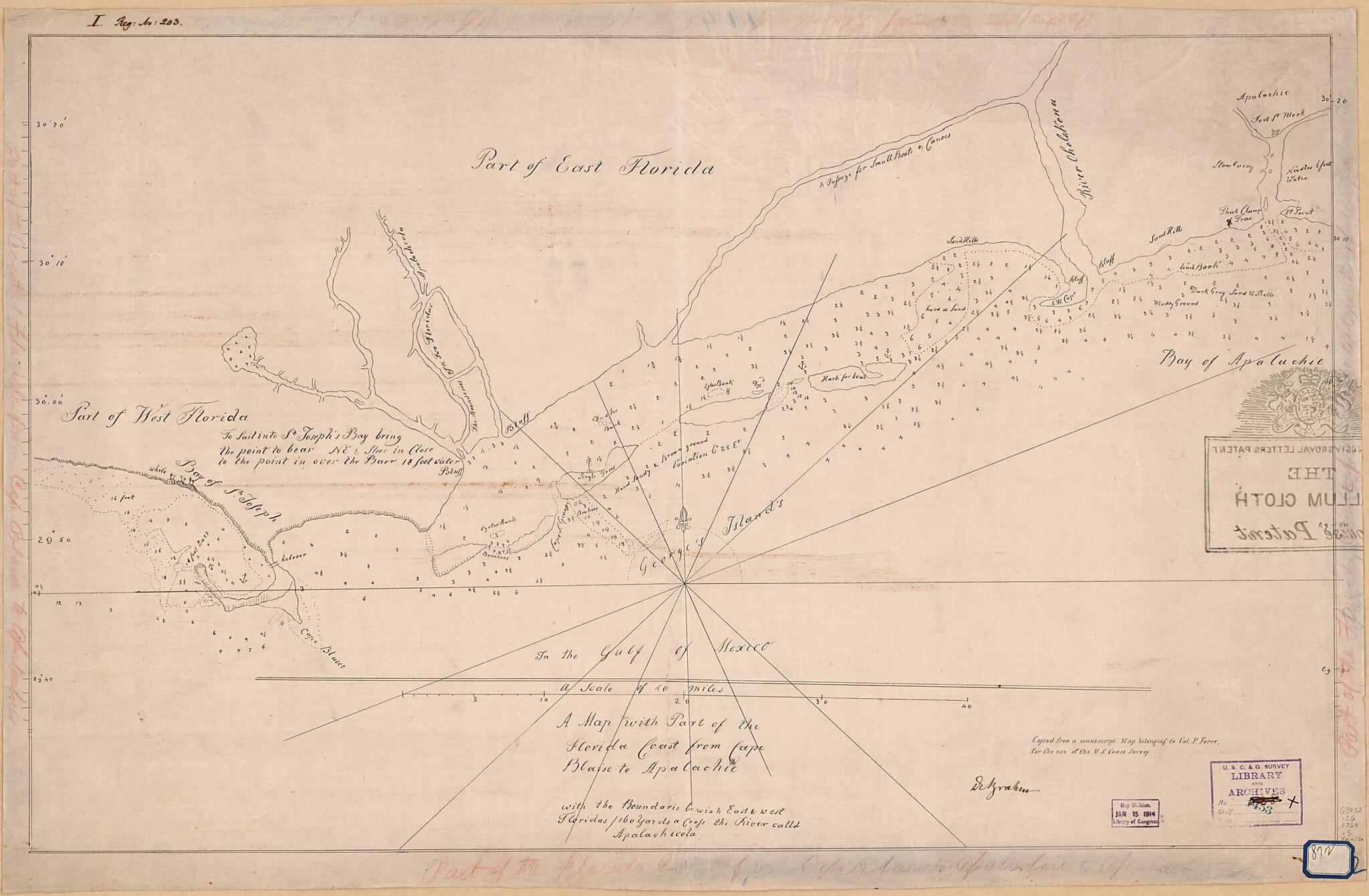This old map of A Map With Part of the Florida Coast from Cape Blaise to Apalachie : With the Boundaries Bewixh East & West Floridas : 160 Yards Across the River Calld Apalachicola. (Florida Coast from Cape Blaise to Apalachie) from 1769 was created by J