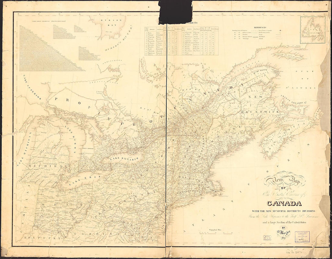 This old map of New Map of the United Provinces of Canada : With the New Municipal Districts Divisions from the Lake Superior to the Gulf of St. Lawrence and a Large Section of the United States from 1842 was created by N. Bazire in 1842