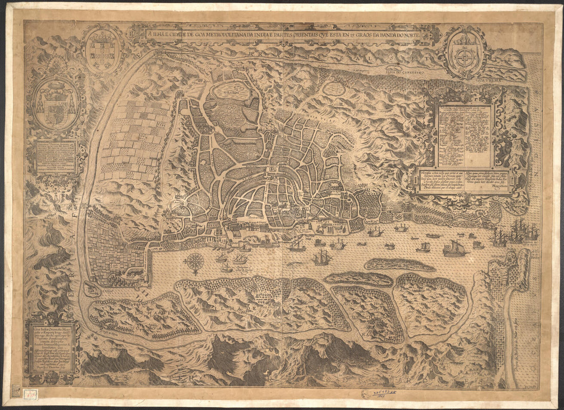 This old map of The Island and City of Metropolitan Goa of India. (A Ilha E Cidade De Goa Metropolitana Da India) from 1595 was created by Jan Huygen Van Linschoten in 1595