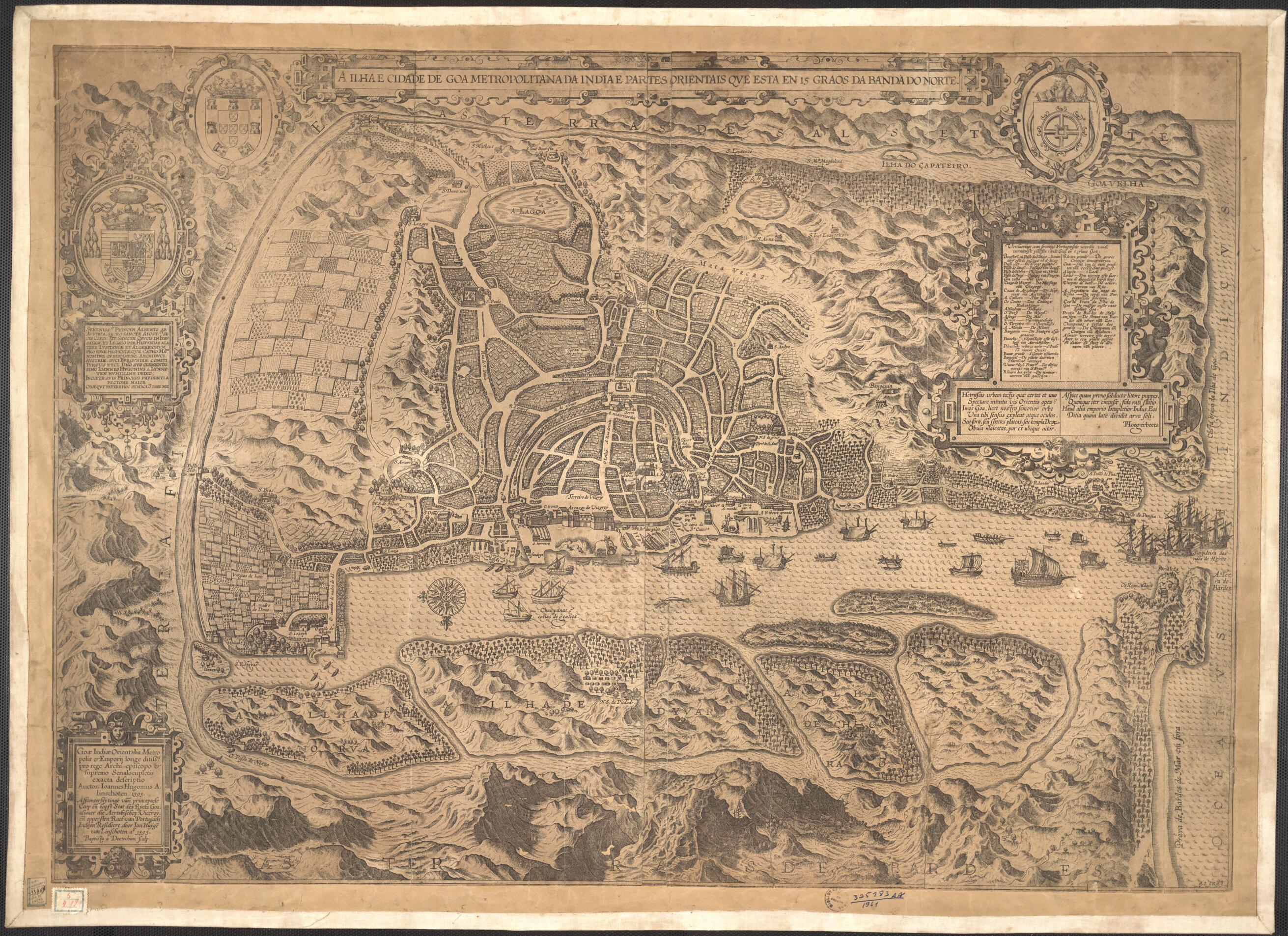 This old map of The Island and City of Metropolitan Goa of India. (A Ilha E Cidade De Goa Metropolitana Da India) from 1595 was created by Jan Huygen Van Linschoten in 1595