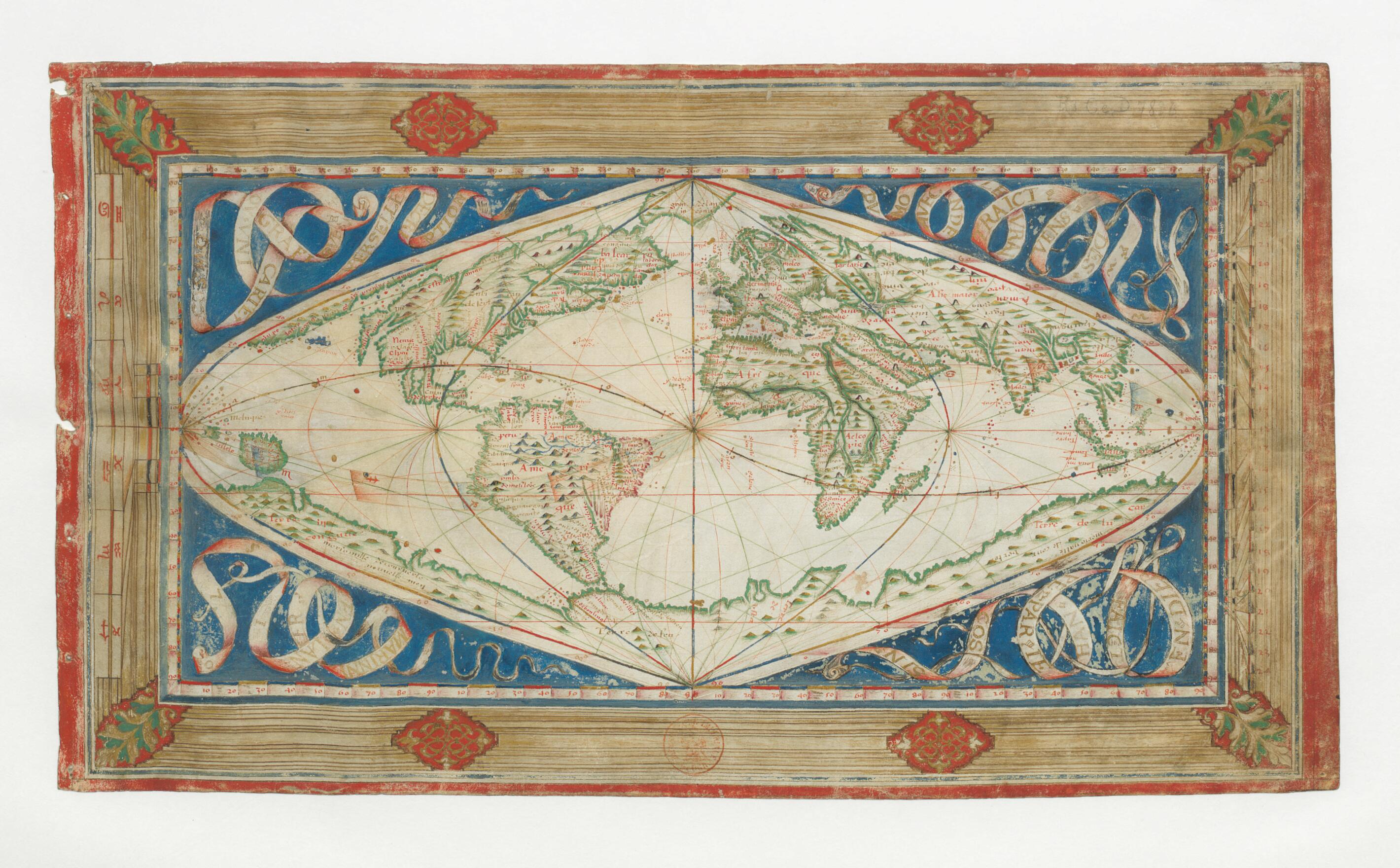 This old map of Cosmographical Map Or Universal Description of the World With the Actual Path of the Winds. (Carte Cosmographique Ou Universelle Description Du Monde Avec Le Vrai Traict Des Vents) from 1570 was created by Jean Cossin in 1570