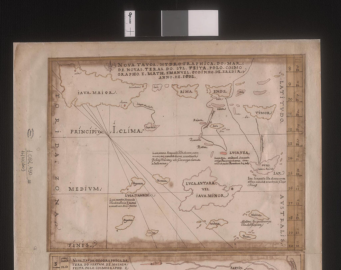 This old map of New Hydrographic Map of the Sea and New Southern Lands: Made by the Cosmographer and Mathematician Emanuel Godinho De Eredia. (Nova Tavoa Hydrographica Do Mar De Novas Teras Do Sul / Feita Polo Cosmographo E Math. Emanuel Godinho De Eredi