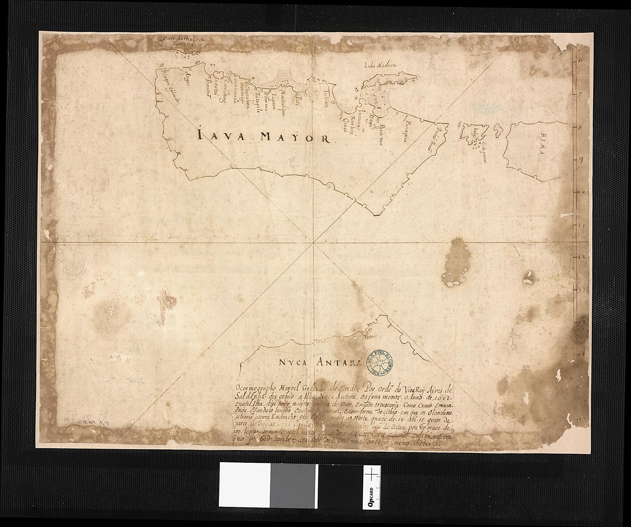 This old map of Java and Australia. (Iava Maior E Nuca Antara Java E Australia) from 1630 was created by Manuel Godinho De Eredia in 1630