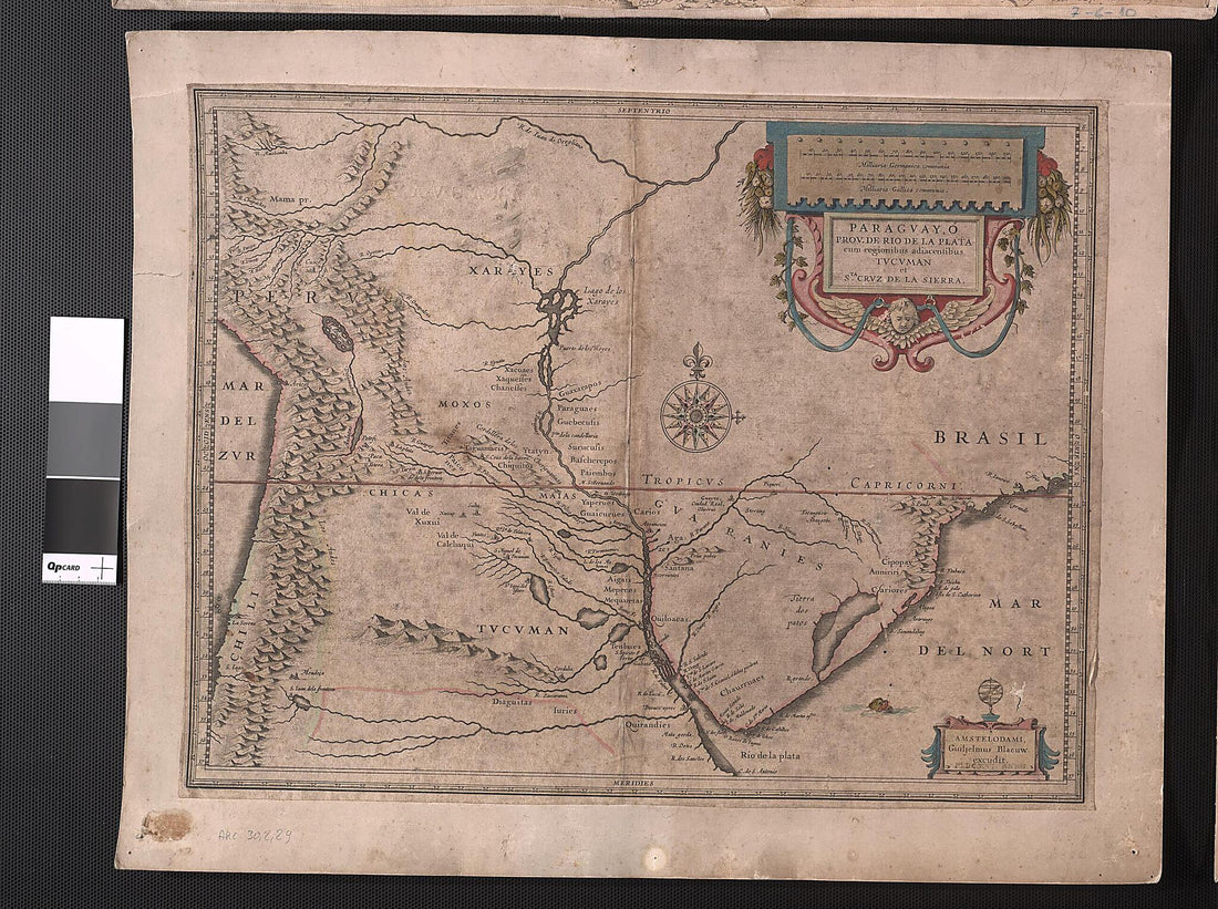 This old map of Paraguay, Or the Province of the Rio De La Plata, With the Adjacent Regions Tucamen and Santa Cruz De La Sierra. (Paraguay, ó Prov. De Rio De La Plata, Cum Regionibus Adiacentibus Tucuman Et Sta. Cruz De La Sierra / Guiljelmus Blaeuew Ex