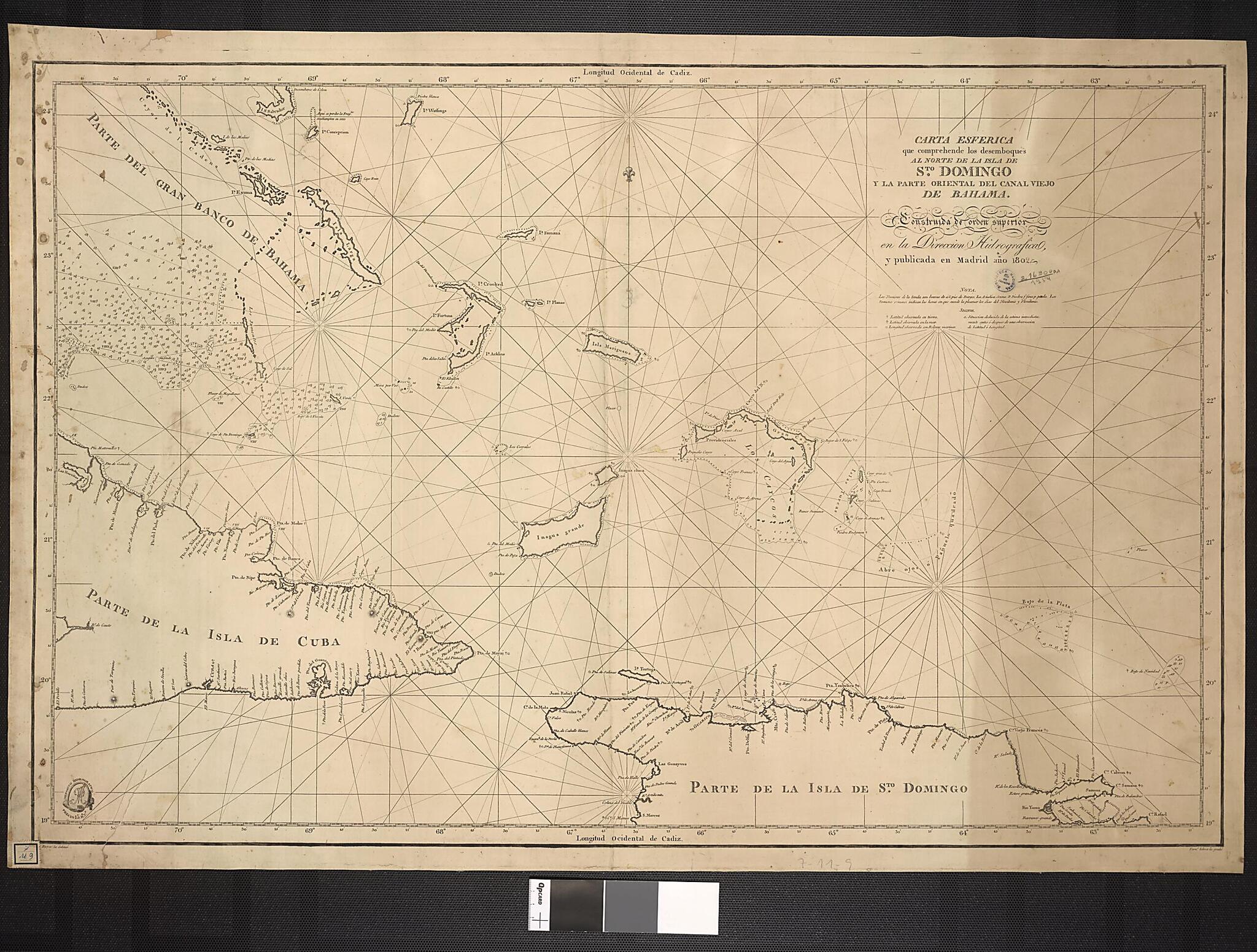 This old map of Spherical Map That Shows the North of the Santo Domingo Island and the Eastern Part of Canal Viejo of Bahamas. (Carta Esferica Que Comprehende Los Desemboques Al Norte De La Isla De Sto Domingo Y La Parte Oriental Del Canal Viejo De Baham