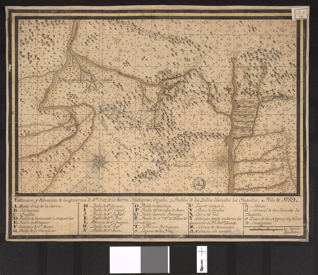 This old map of Extent and Location of the Governments of Santa Cruz De La Sierra, Matogroso, Cuyaba, and Towns of Native Americans Called Chiquitos. (Extension Y Situacion De Los Goviernos De Sta. Cruz De La Sierra, Matogroso, Cuyaba, Y Pueblos De Los I