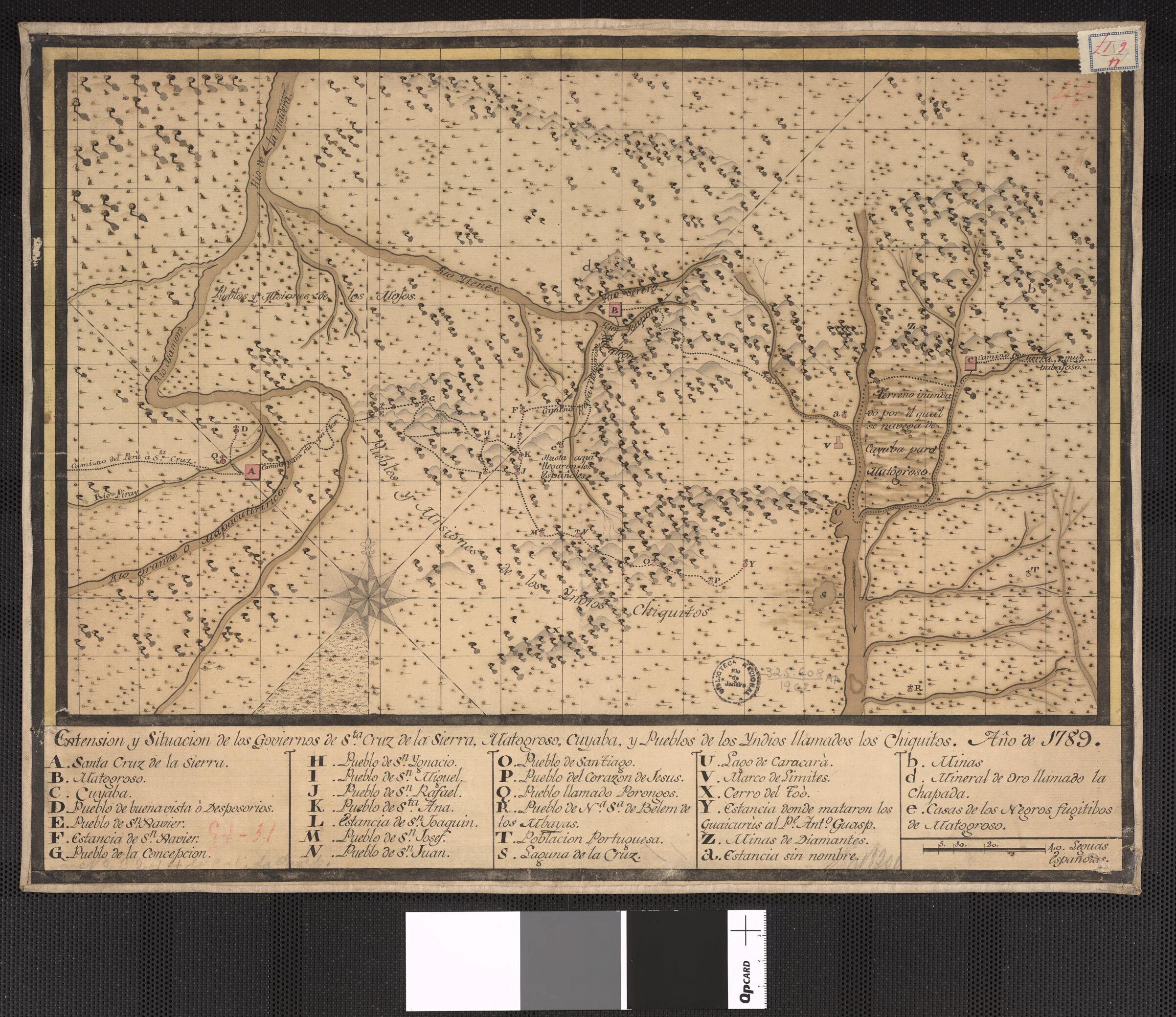This old map of Extent and Location of the Governments of Santa Cruz De La Sierra, Matogroso, Cuyaba, and Towns of Native Americans Called Chiquitos. (Extension Y Situacion De Los Goviernos De Sta. Cruz De La Sierra, Matogroso, Cuyaba, Y Pueblos De Los I