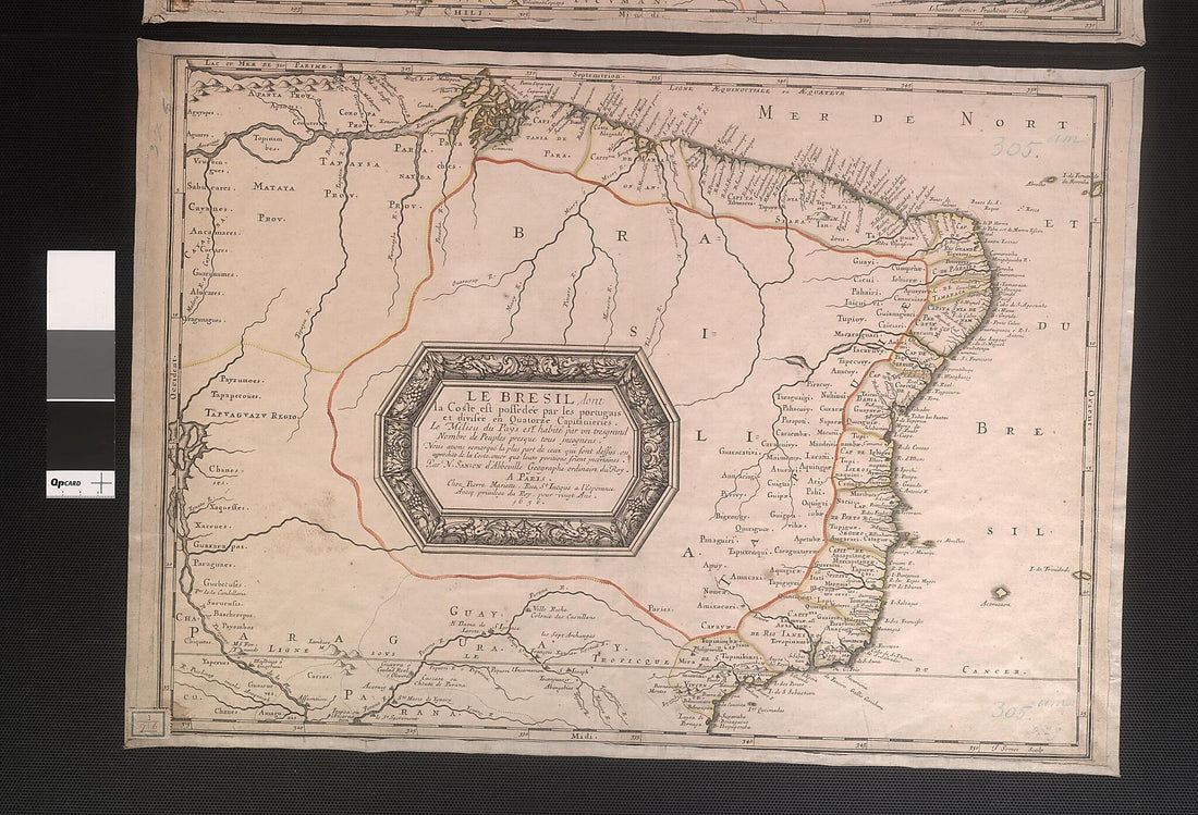This old map of Brazil, Which Coast Is a Portuguese Possession, Divided Into Fourteen Captaincies, Showing the Middle of the Country Inhabited by Many Unknown Peoples. (Le Bresil, Dont La Coste Est Possedée Par Les Portugais Et Divisée En Quatorze Capi