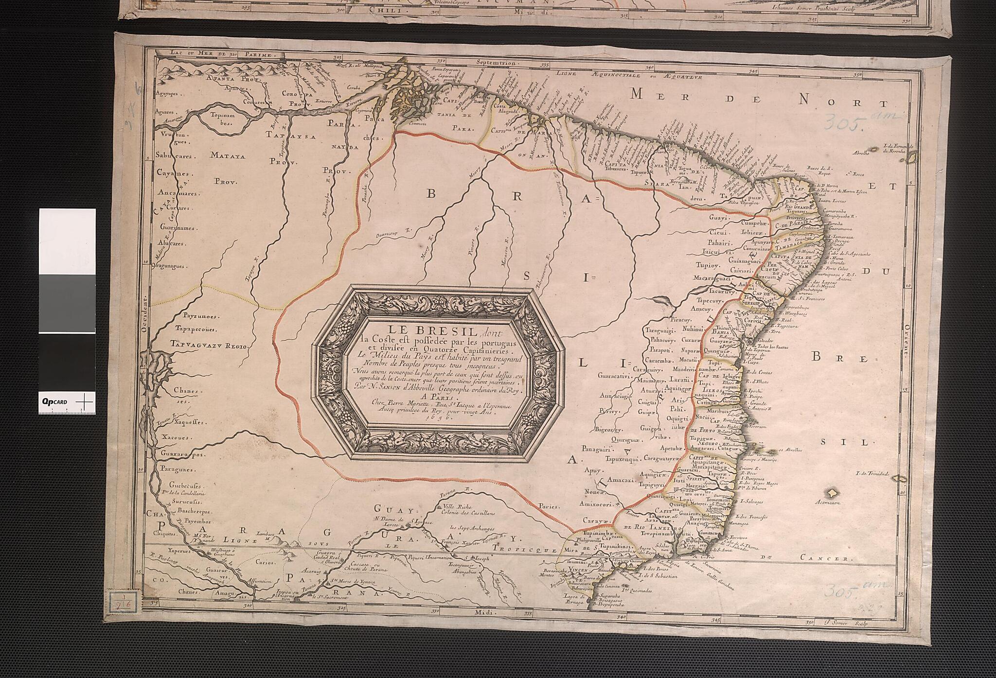This old map of Brazil, Which Coast Is a Portuguese Possession, Divided Into Fourteen Captaincies, Showing the Middle of the Country Inhabited by Many Unknown Peoples. (Le Bresil, Dont La Coste Est Possedée Par Les Portugais Et Divisée En Quatorze Capi