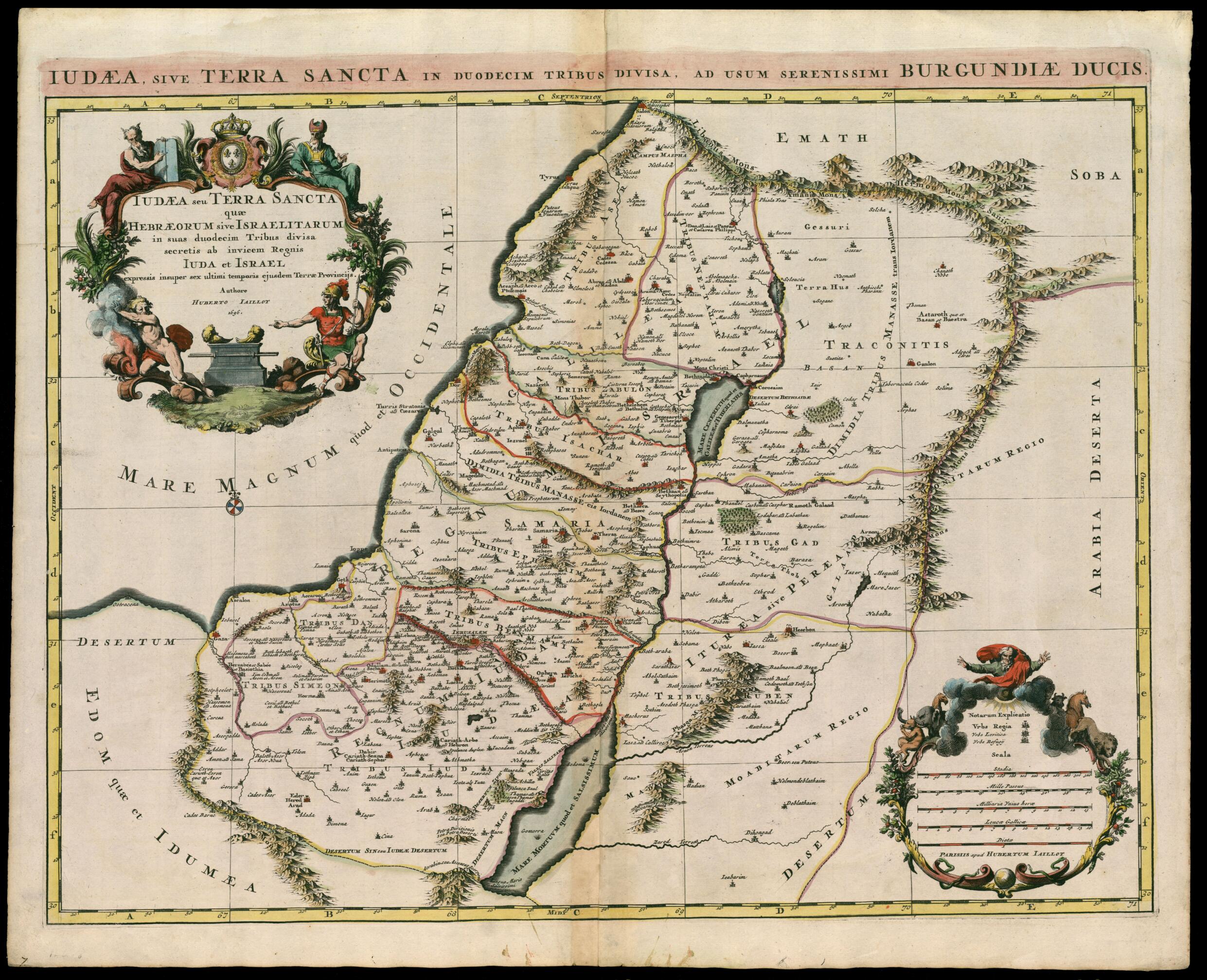 This old map of Judaea, Or the Holy Land, Which Is Divided Into the Twelve Tribes of the Hebrews Or Israelites. (Iudaea Seu Terra Sancta Quae Hebraeorum Sive Israelitarum In Suas Duodecim Tribus Divisa) from 1696 was created by Hubert, Guillaume Sanson