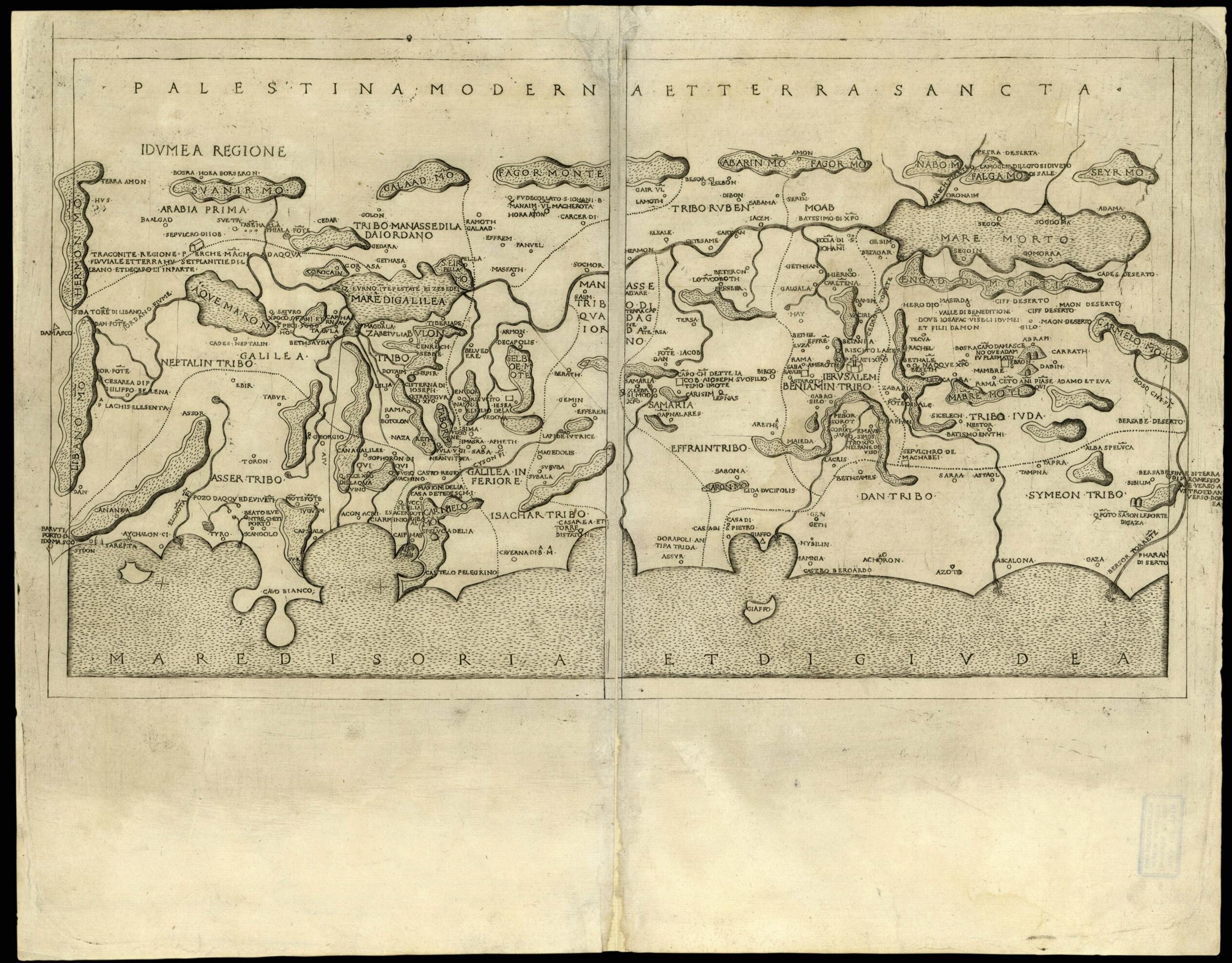 This old map of Day Palestine and the Holy Land. (Palestina Moderna Et Terra Sancta) from 1480 was created by Francesco Berlinghieri, 2nd Century Ptolemy, Nicolo Todescho in 1480