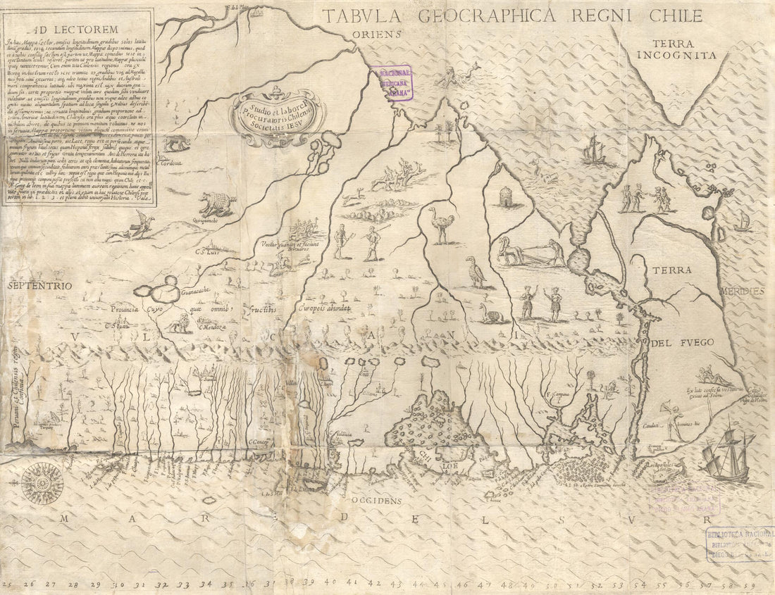 This old map of Geographic Chart of the Kingdom of Chile. (Tabula Geographica Regni Chile) from 1646 was created by Alonso De Ovalle, Society of Jesus in 1646
