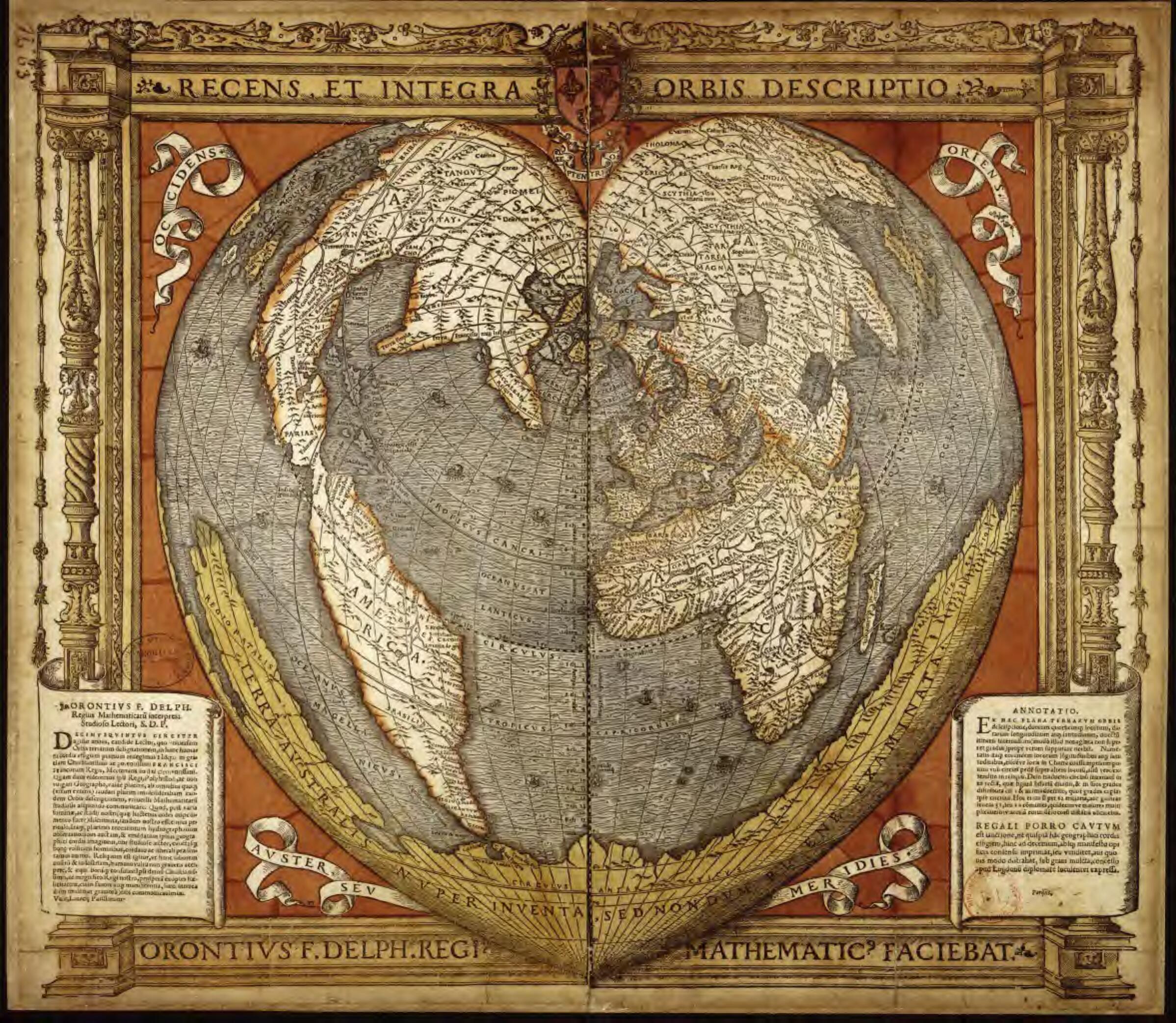 This old map of A Modern and Complete Map of the World by the Royal Mathematician Oronce Fine of the Dauphiné. (Recens Et Integra Orbis Descriptio. Orontius Finaeus Delphinas, Regiss Mathematicus Facebiat) from 1534 was created by Oronce Finé in 1534
